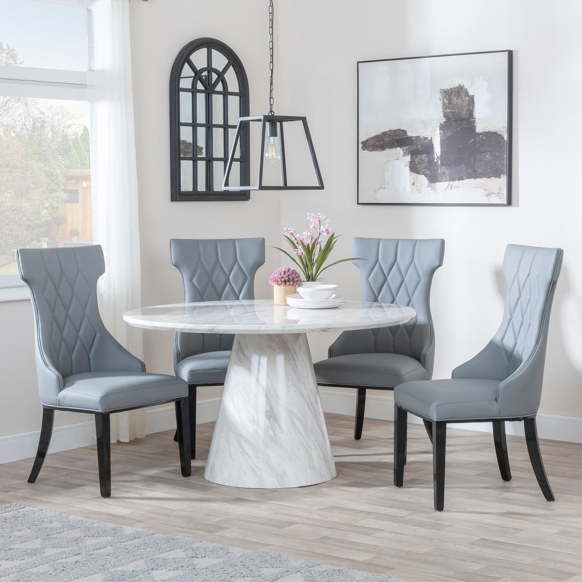 Carrera 4 Seater White Marble Round Dining Set - 4 Mimi Grey Leather Dining Chair