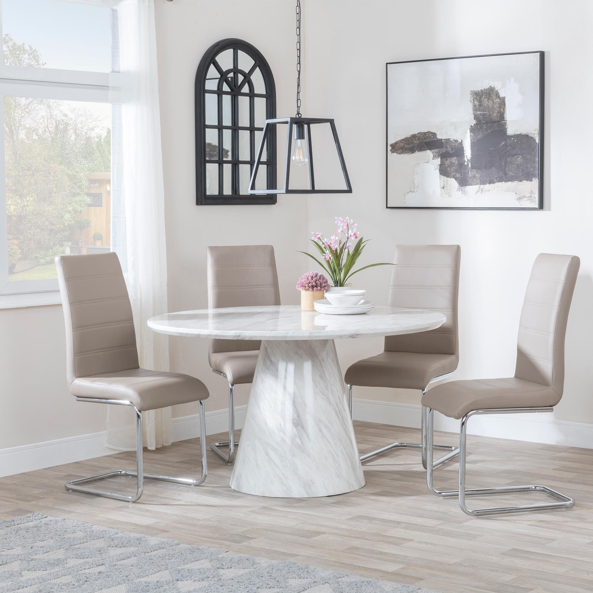 Carrera 4 Seater White Marble Round Dining Set - 4 Roma Beige Faux Leather Dining Chair