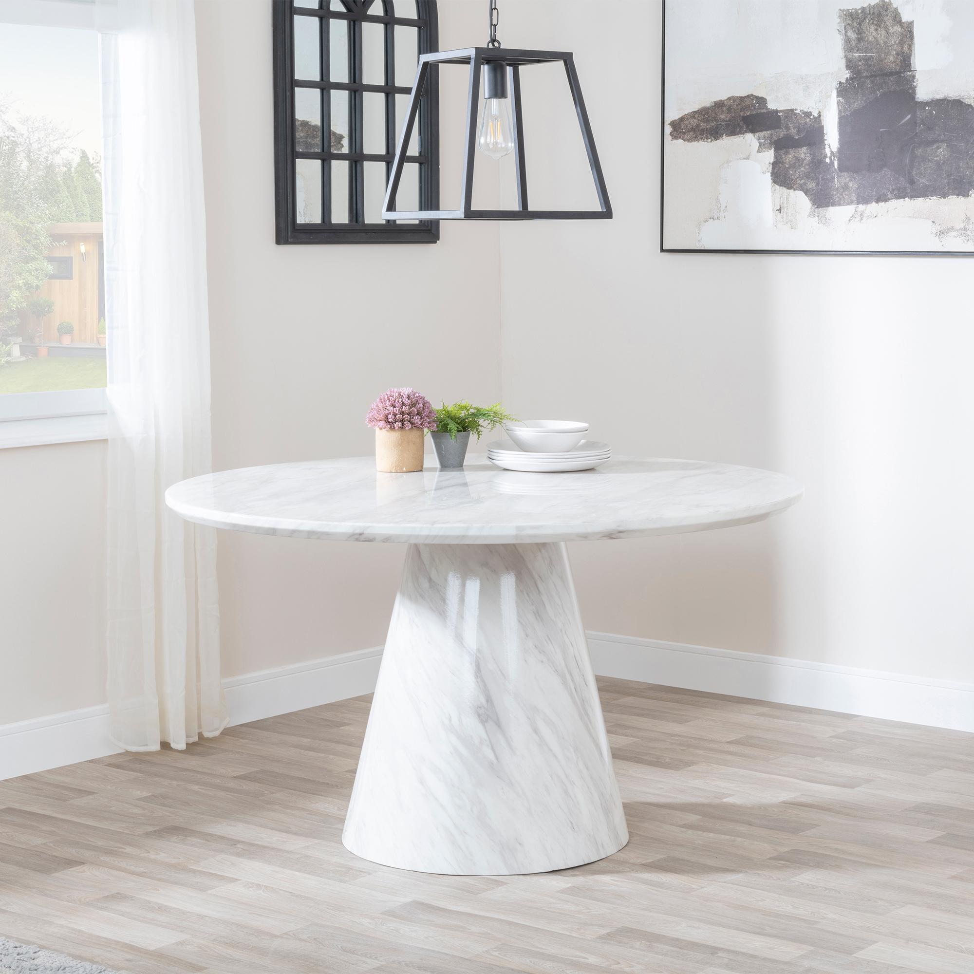 Carrera Dining Set - 4 Seater - 130cm - Round - White Marble - 4x Roma Dining Chairs - Grey Faux Leather