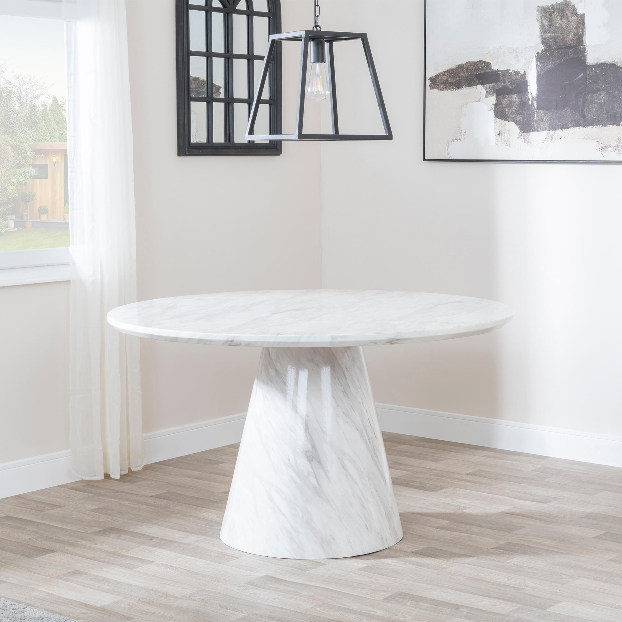 Carrera Dining Set - 4 Seater - 130cm - Round - White Marble - 4x Roma Dining Chairs - Grey Faux Leather