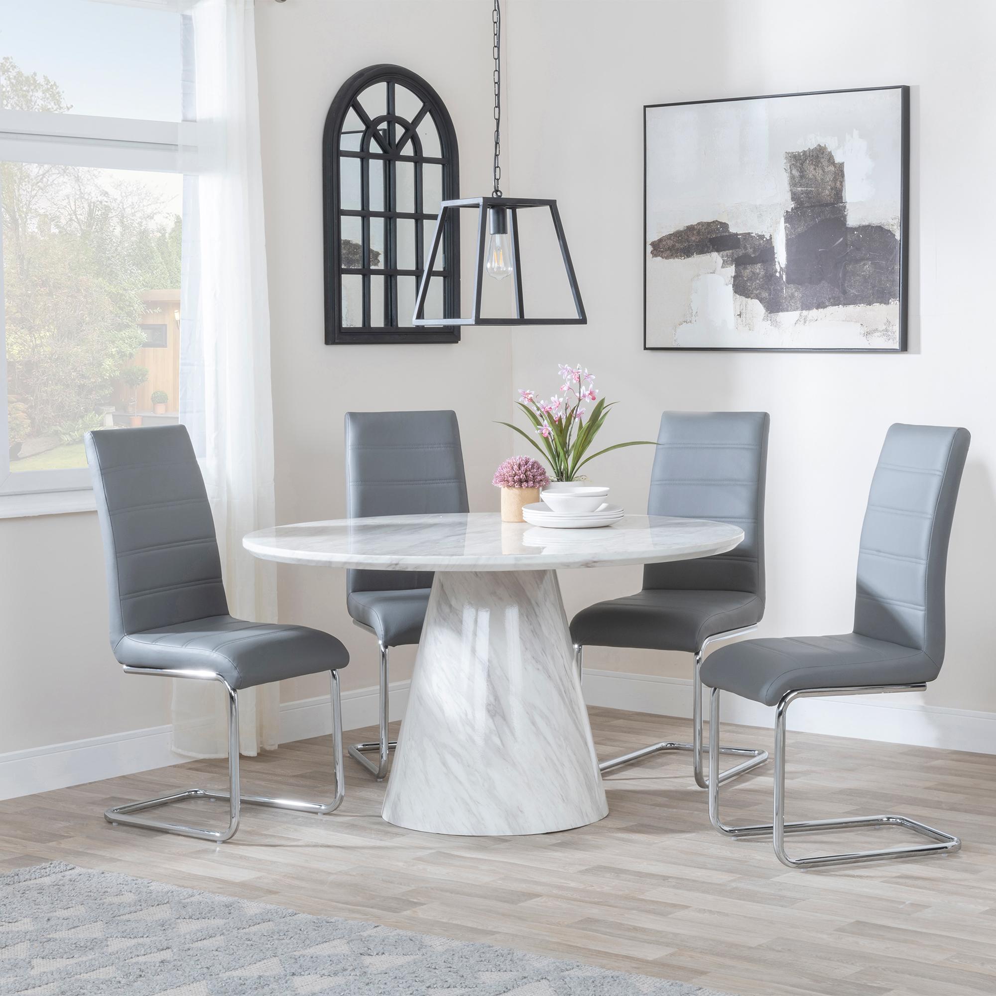 Carrera 4 Seater White Marble Round Dining Set - 4 Roma Grey Faux Leather Dining Chair