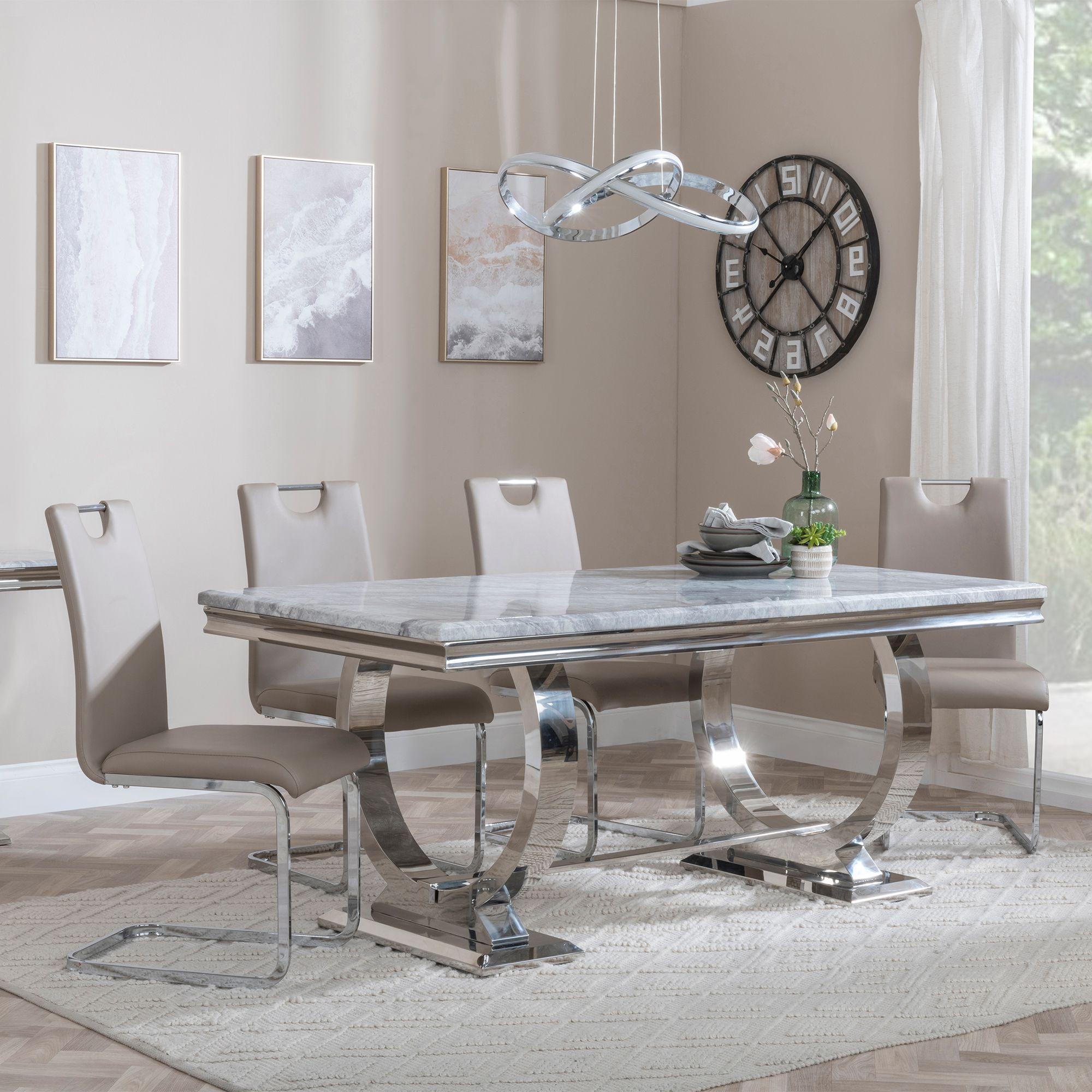 Glacier Grey Marble and Chrome Dining Set - Bianco Beige Faux Leather Dining Chair