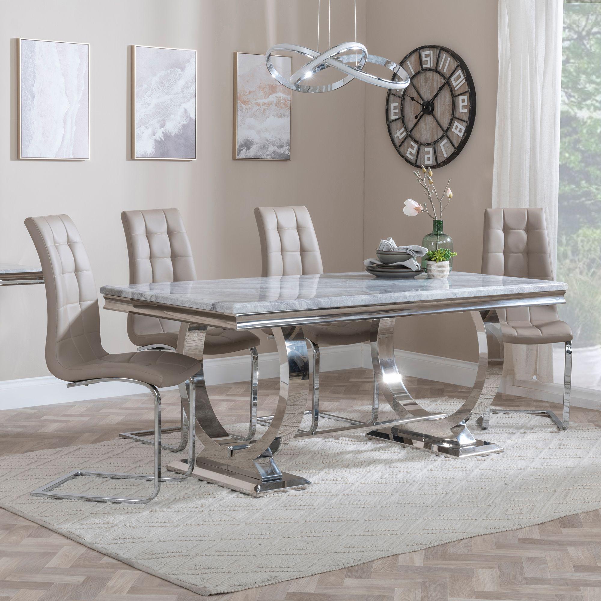 Glacier Grey Marble and Chrome Dining Set - Jamison Beige Faux Leather Dining Chair