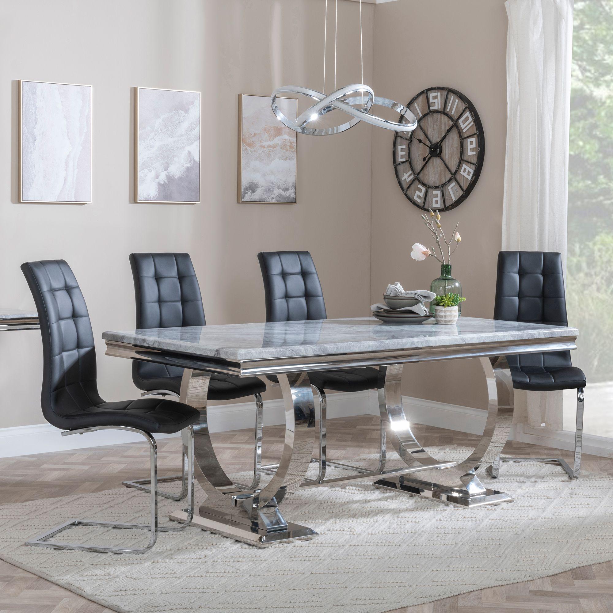 Glacier Grey Marble and Chrome Dining Set - Jamison Black Faux Leather Dining Chair