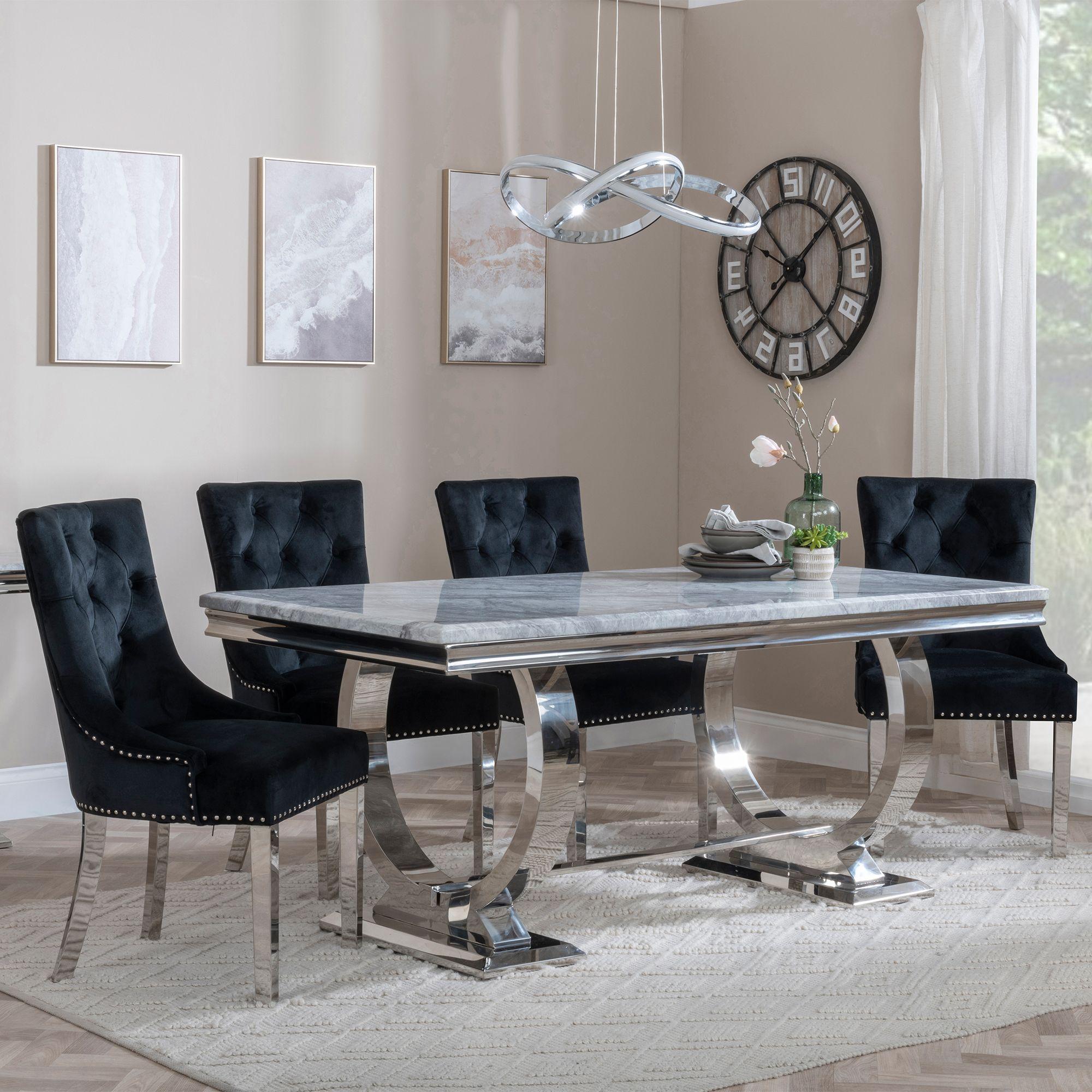 Glacier Grey Marble and Chrome Dining Set - Knocker Back Black Velvet Fabric Dining Chair with Chrome Legs
