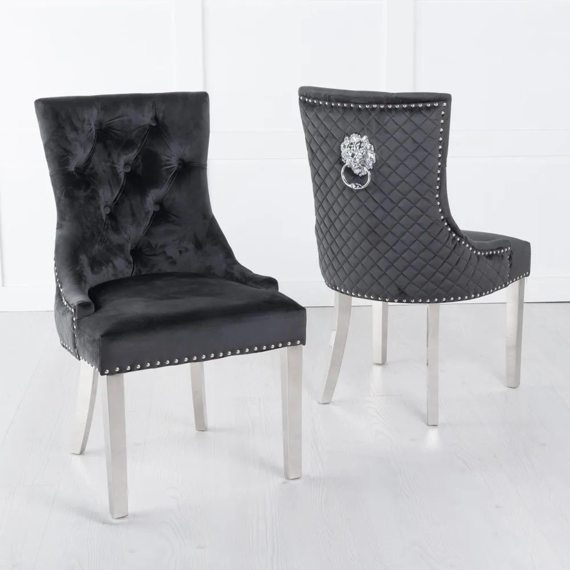 Glacier Dining Set - 6 Seater - 180cm - Grey Marble & Chrome - Lion Knocker Back Dining Chairs - Black Velvet Fabric - Chrome Legs