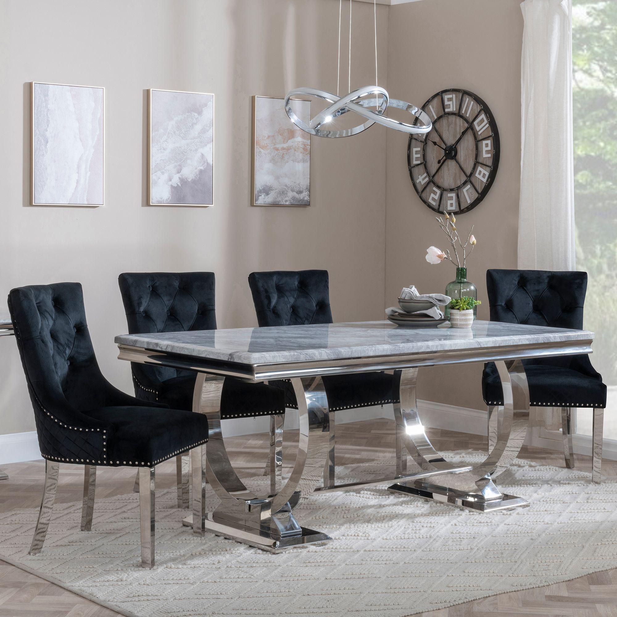 Glacier Grey Marble and Chrome Dining Set - Lion Knocker Back Black Velvet Fabric Dining Chair with Chrome Legs