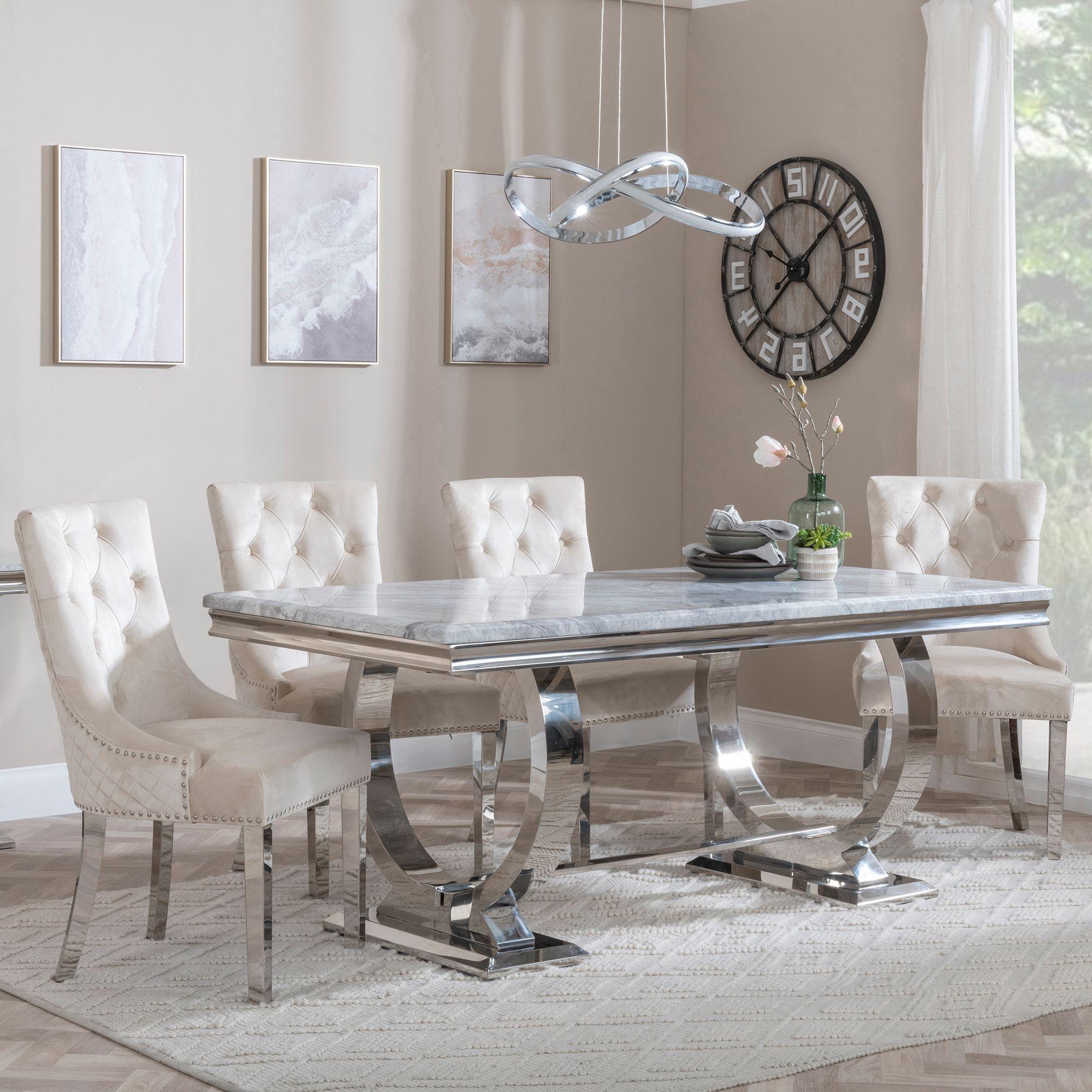 Glacier Grey Marble and Chrome Dining Set - Lion Knocker Back Champagne Velvet Fabric Dining Chair with Chrome Legs