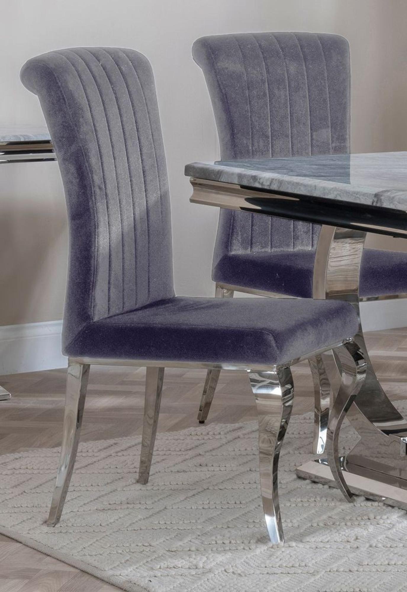 Glacier Dining Set - 6 Seater - 180cm - Grey Marble & Chrome - Louis Dining Chairs - Grey Velvet Fabric