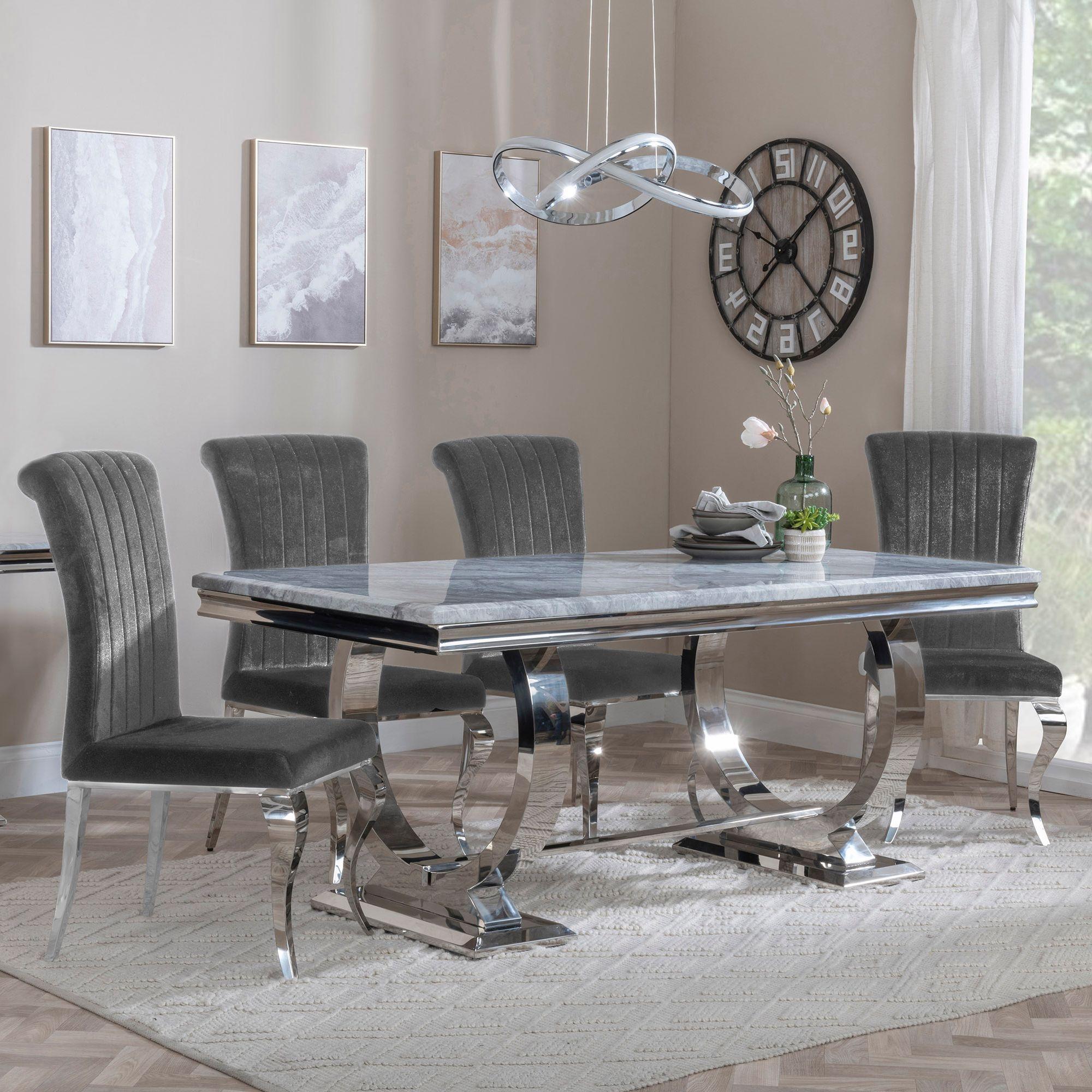 Glacier Grey Marble and Chrome Dining Set - Louis Grey Velvet Fabric Dining Chair