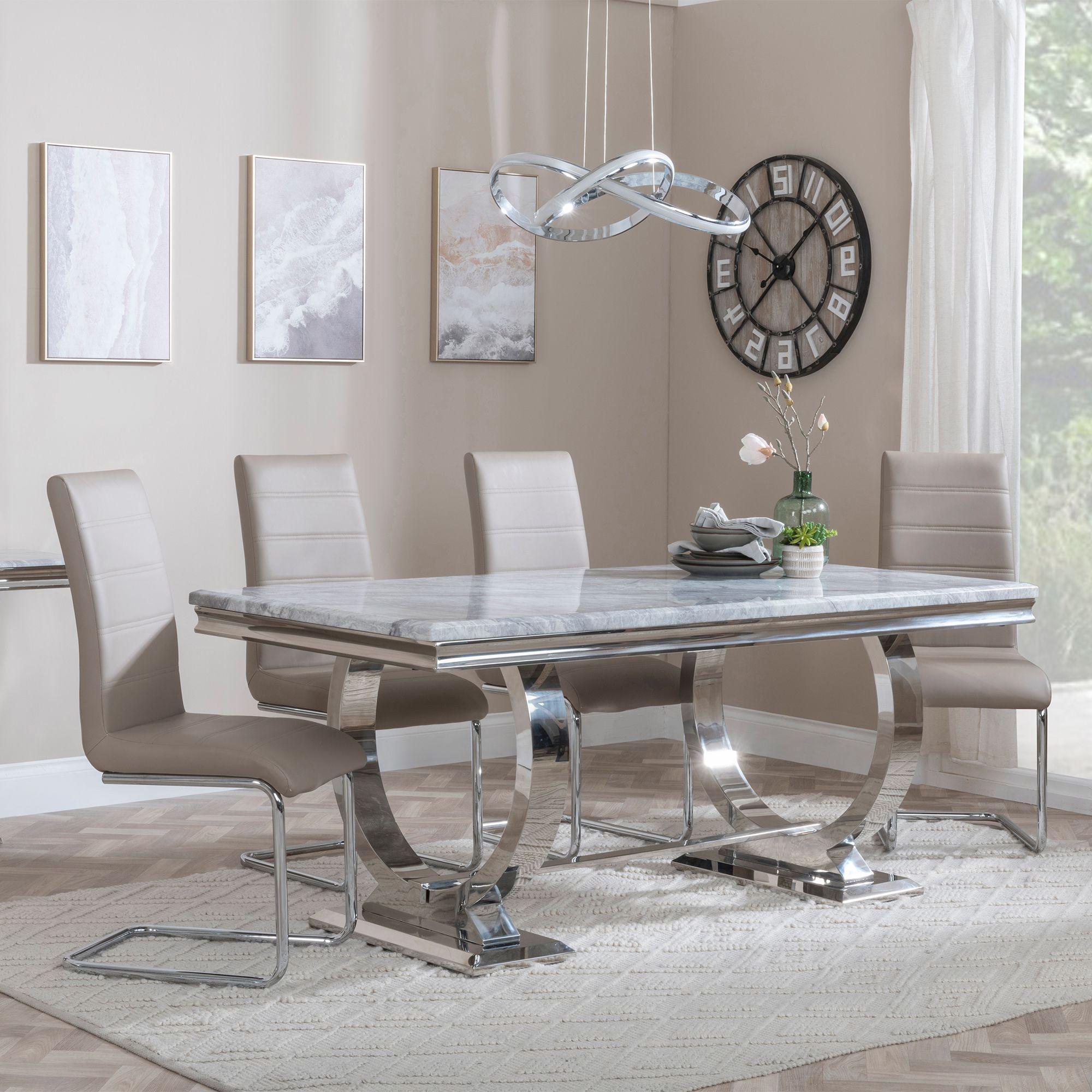 Glacier Grey Marble and Chrome Dining Set - Roma Beige Faux Leather Dining Chair