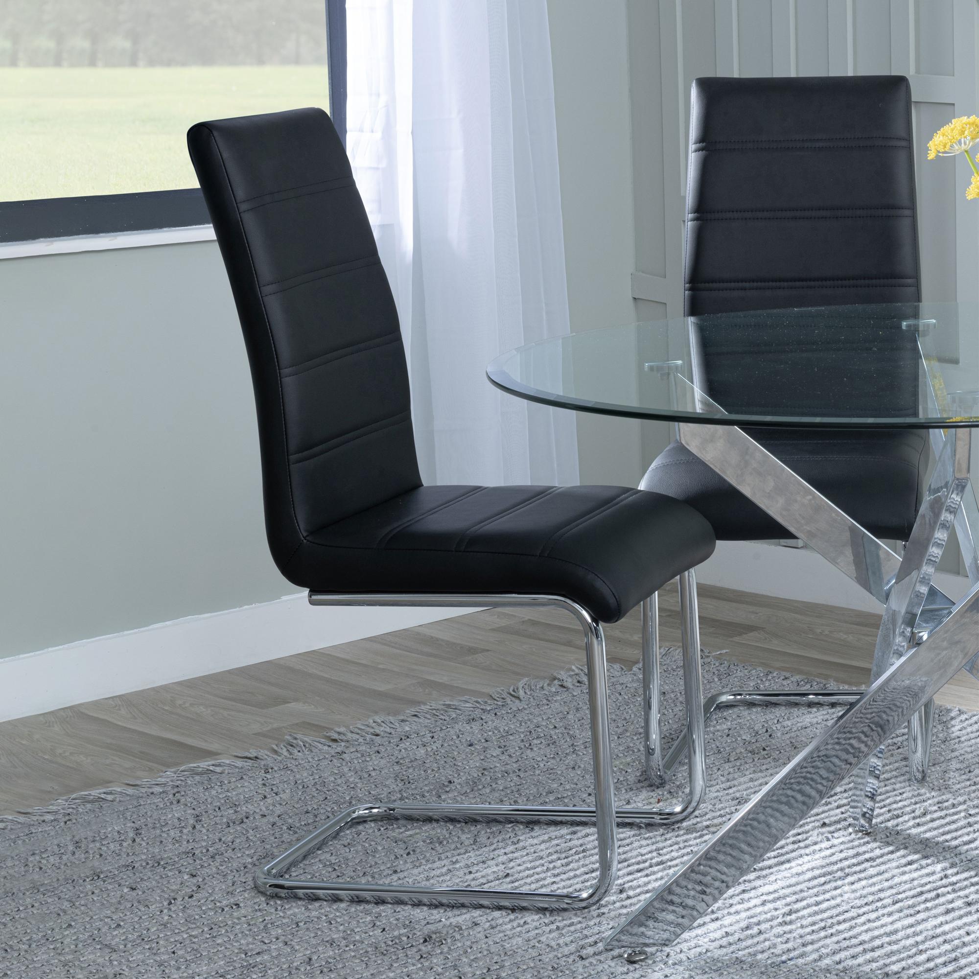Glacier Dining Set - 6 Seater - 180cm - Grey Marble & Chrome - Roma Dining Chairs - Black Faux Leather