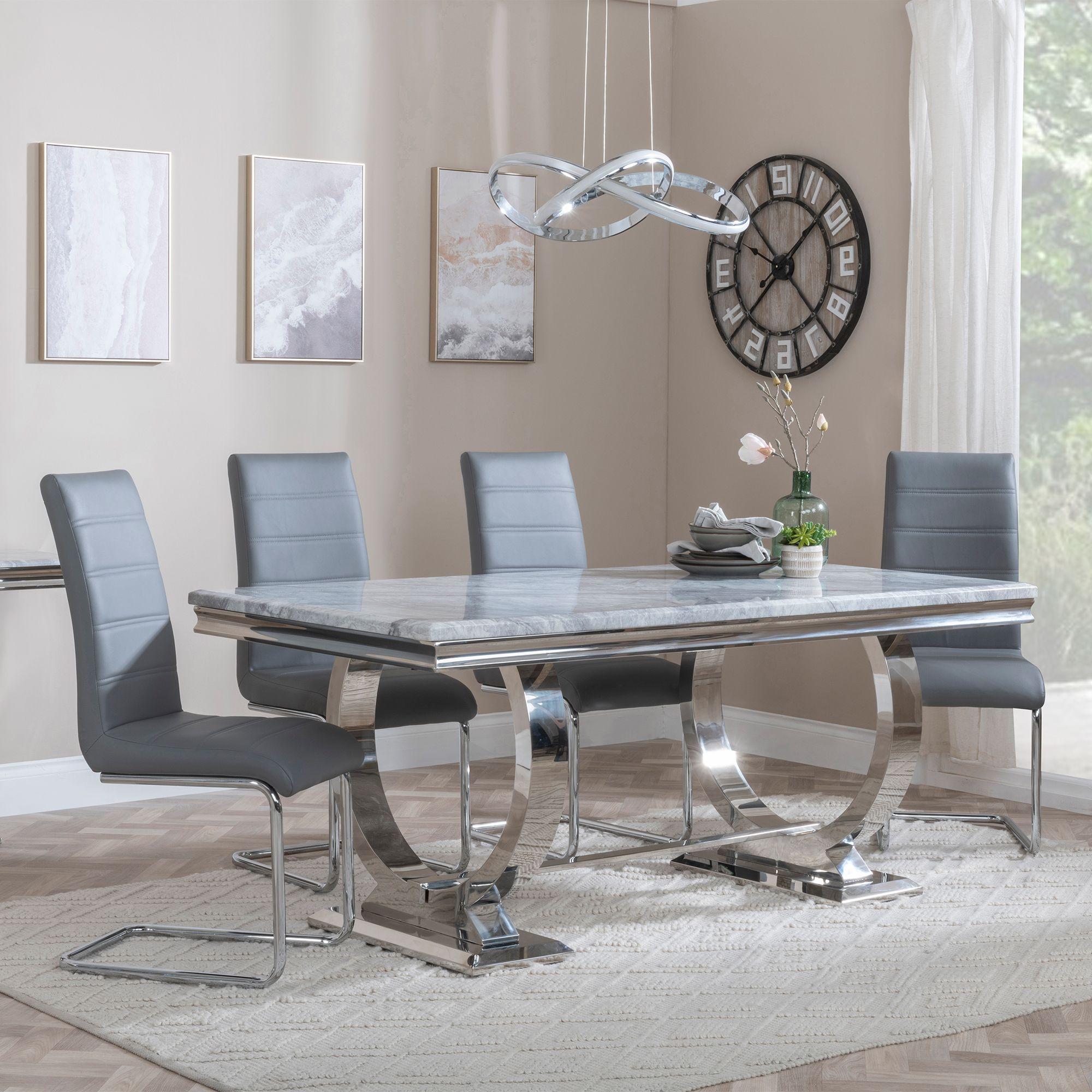 Glacier Grey Marble and Chrome Dining Set - Roma Grey Faux Leather Dining Chair