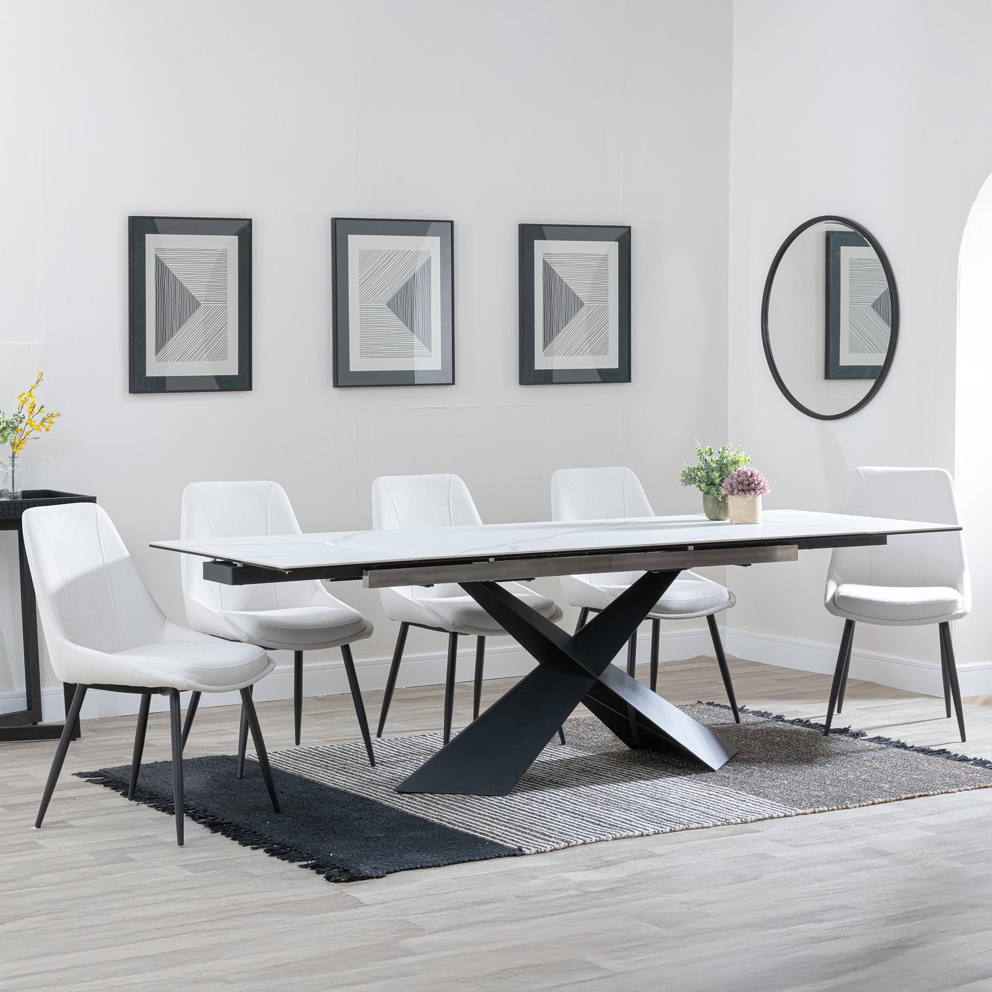 Hayden White Ceramic Extending Dining Set - Darwin Cream Fabric Dining Chair