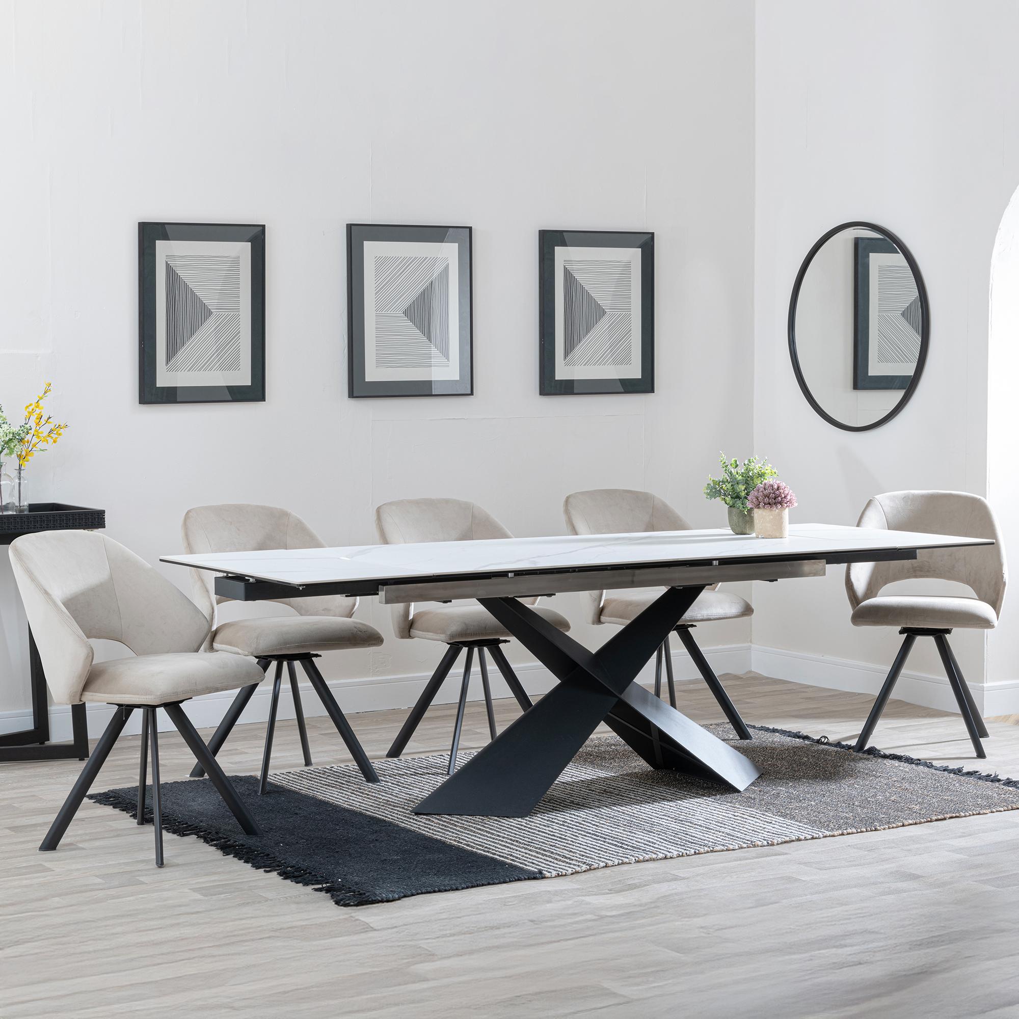 Hayden White Ceramic Extending Dining Set - Ion Beige Velvet Fabric Swivel Dining Chair