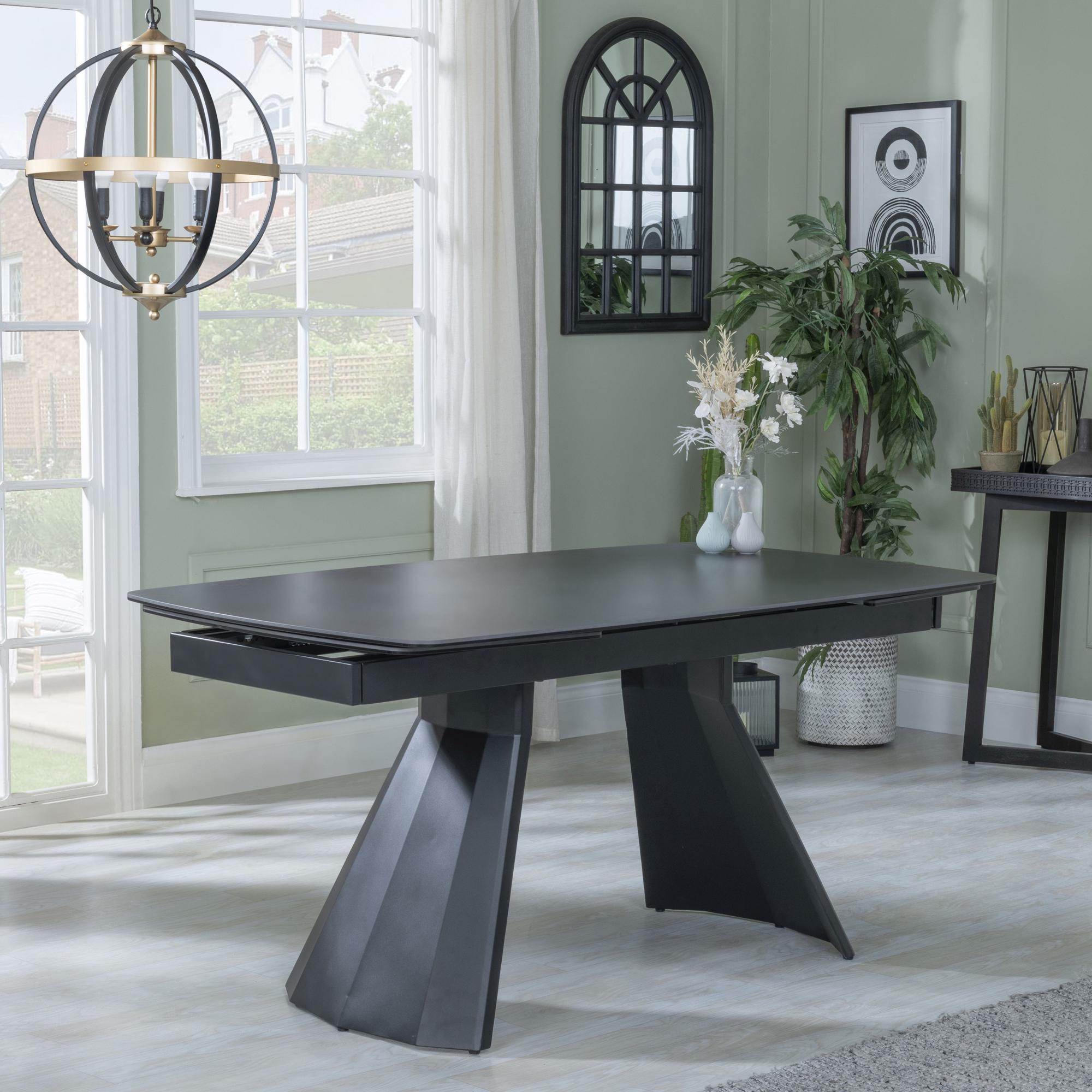 Kinston Dining Set - 6-12 Seater - 160cm-240cm - Black Ceramic - Extending - Diego Swivel Dining Chairs - Grey Leather