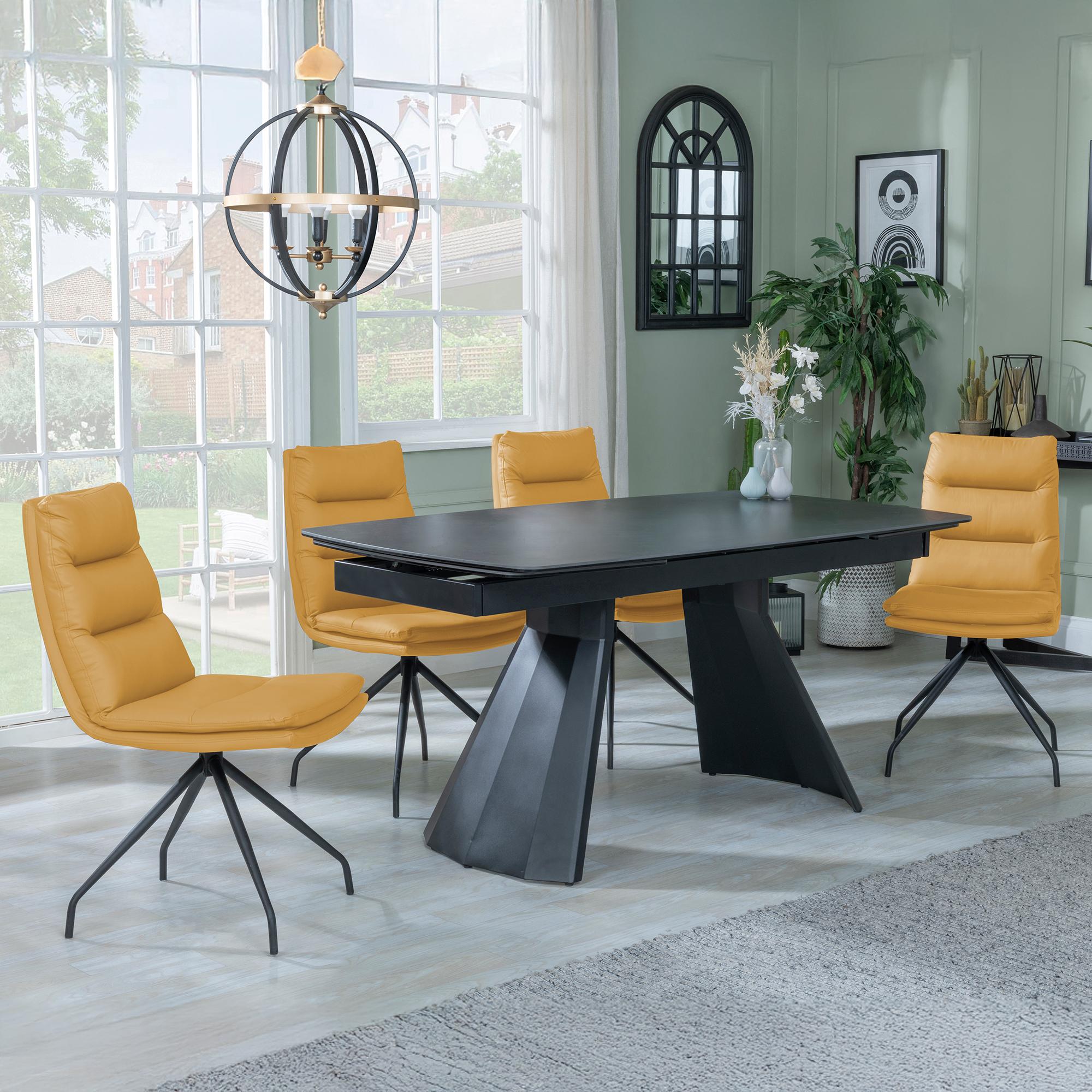 Kinston Black Ceramic Extending Dining Set - Diego Yellow Leather Swivel Dining Chair