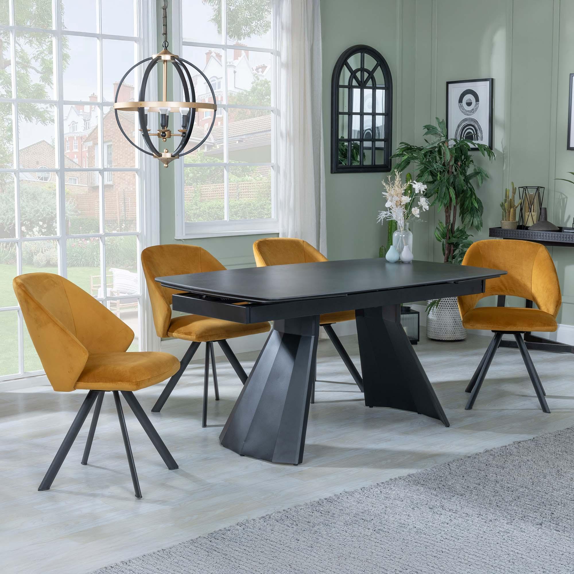 Kinston Black Ceramic Extending Dining Set - Ion Mustard Velvet Fabric Swivel Dining Chair