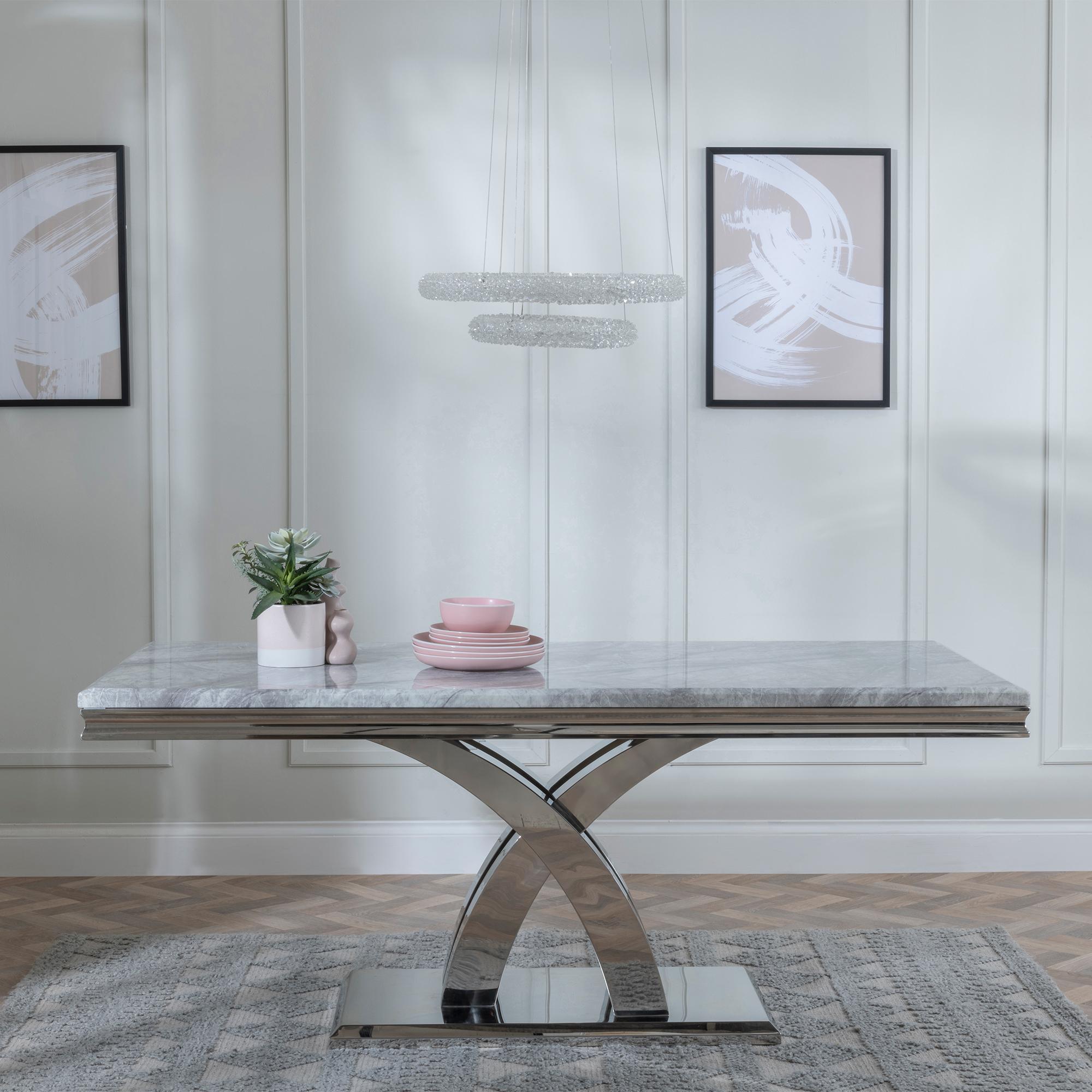 Lisbon Dining Set - 6 Seater - 160cm - Grey Marble & Chrome - Bianco Dining Chairs - Black Faux Leather