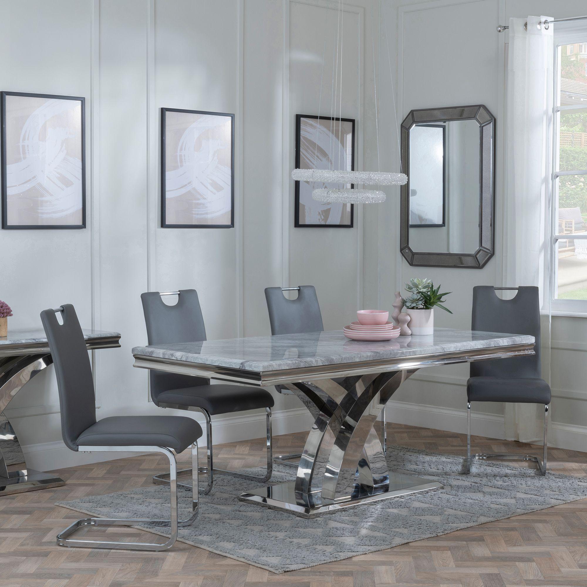 Lisbon Grey Marble and Chrome Dining Set - Bianco Grey Faux Leather Dining Chair