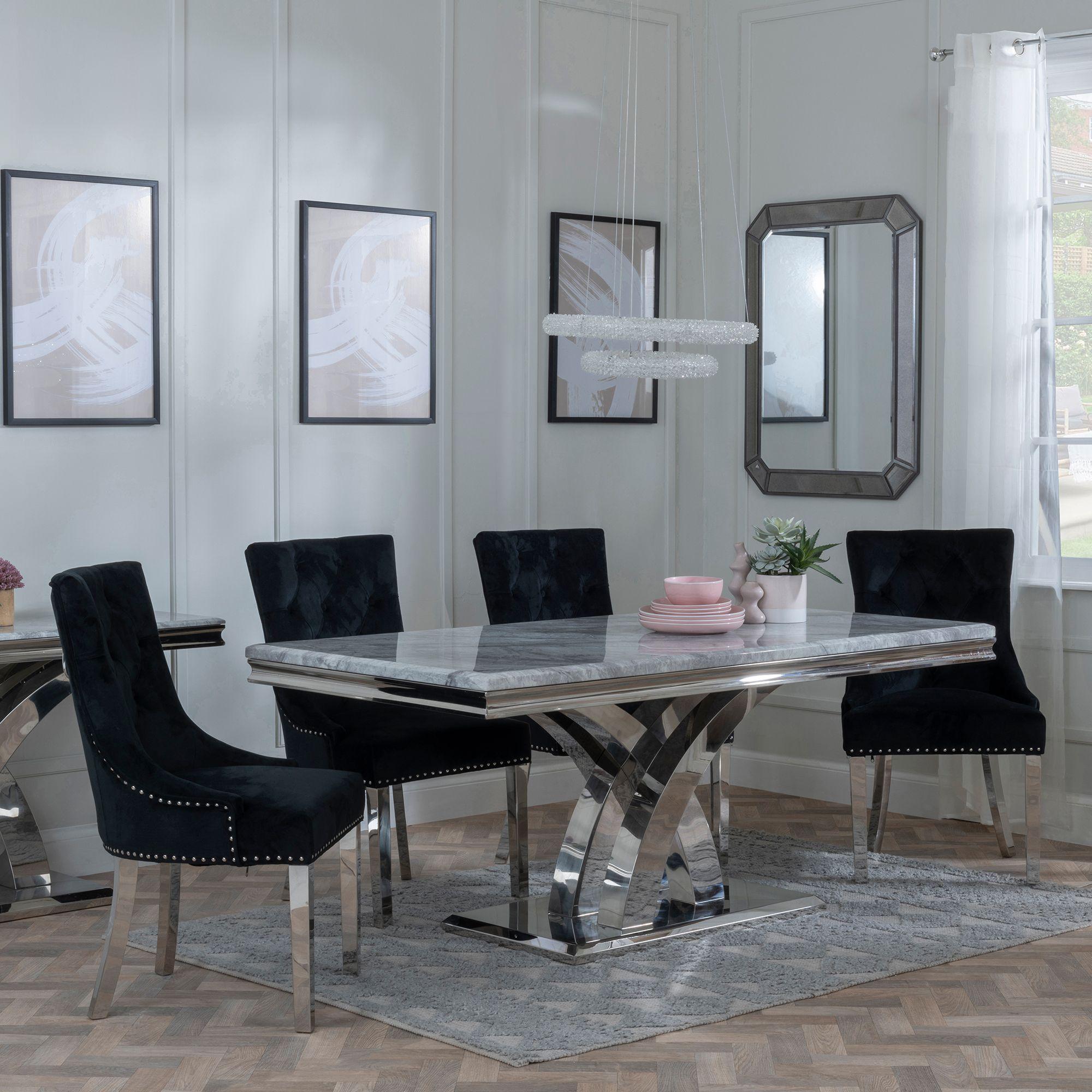 Lisbon Grey Marble and Chrome Dining Set - Knocker Back Black Velvet Fabric Dining Chair with Chrome Legs