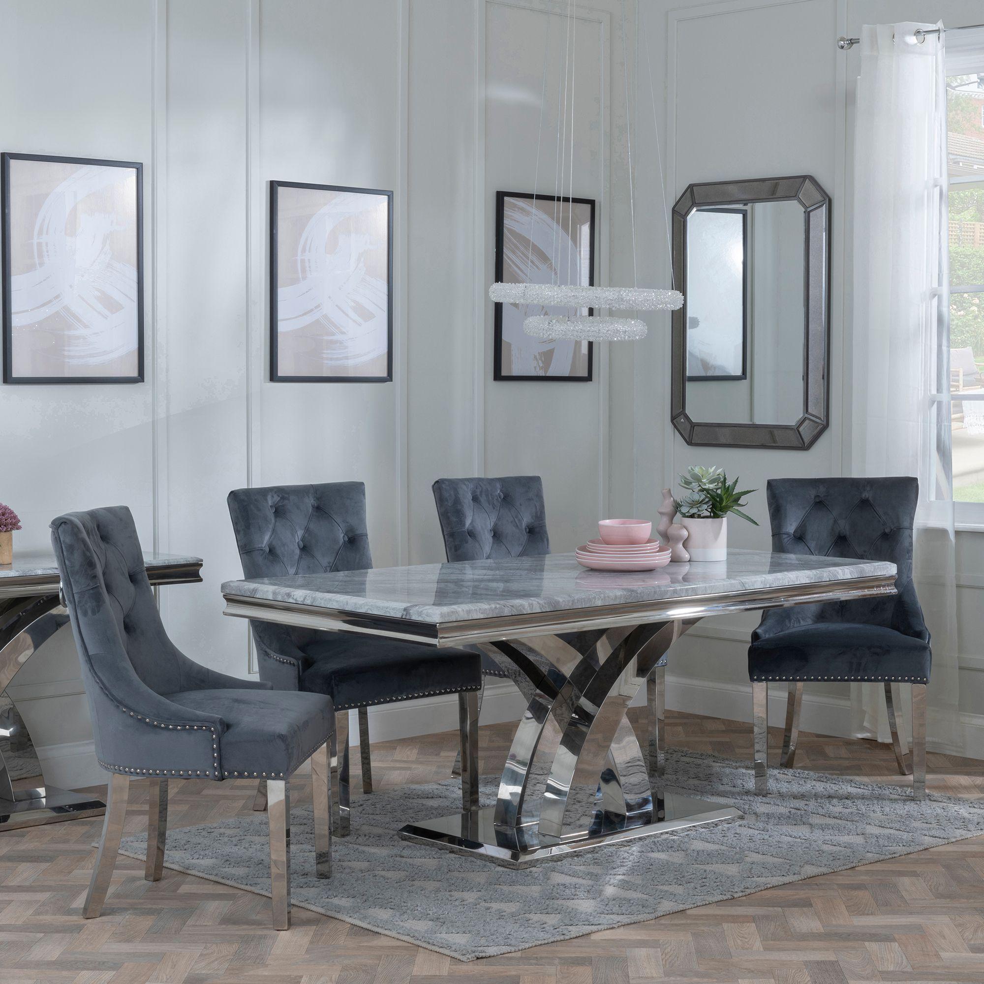 Lisbon Grey Marble and Chrome Dining Set - Knocker Back Grey Velvet Fabric Dining Chair with Chrome Legs
