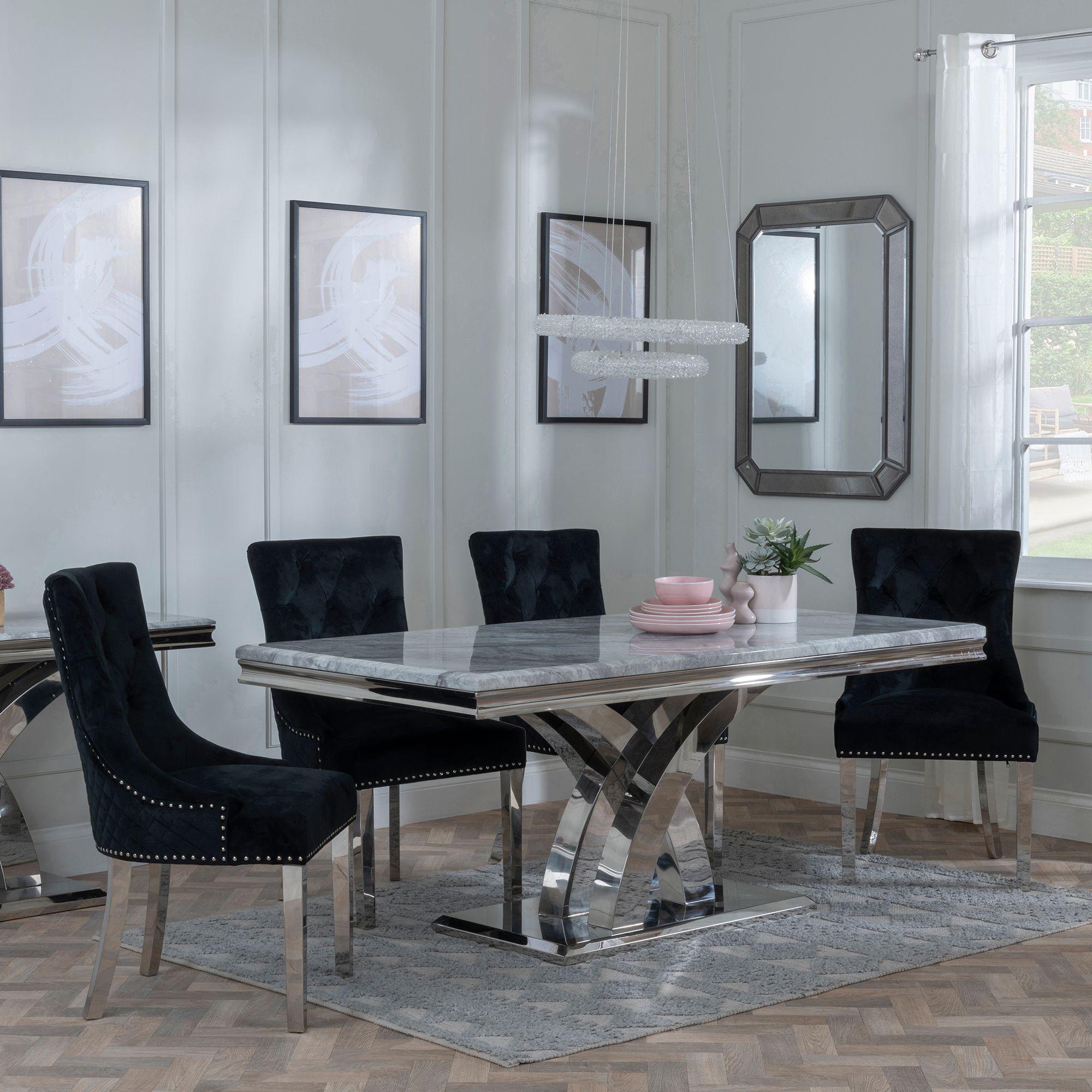 Lisbon Grey Marble and Chrome Dining Set - Lion Knocker Back Black Velvet Fabric Dining Chair with Chrome Legs