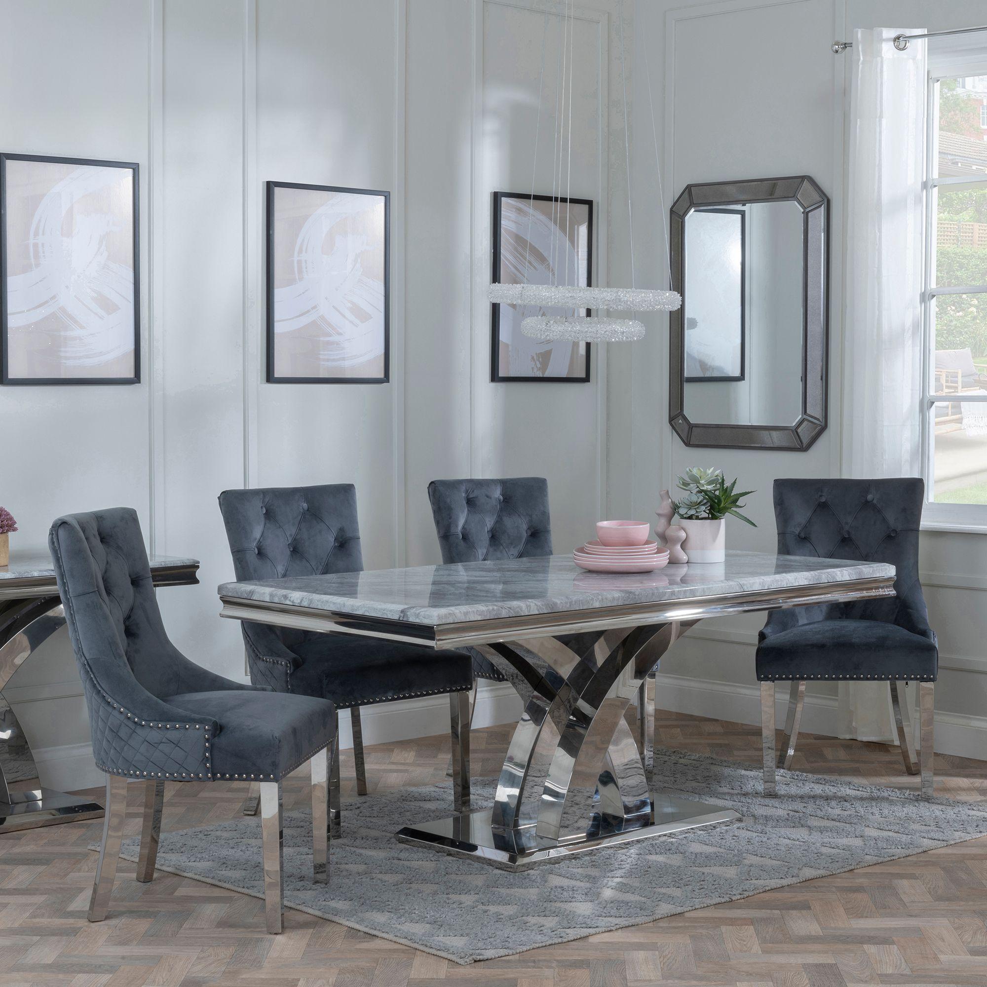 Lisbon Grey Marble and Chrome Dining Set - Lion Knocker Back Grey Velvet Fabric Dining Chair with Chrome Legs