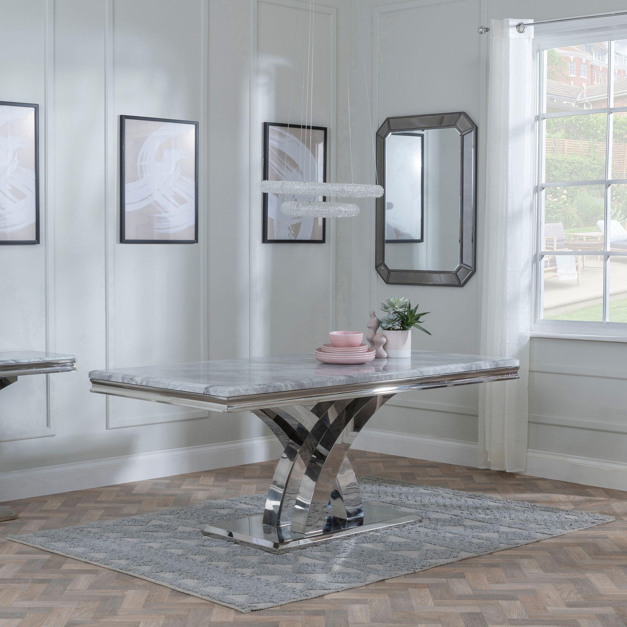 Lisbon Dining Set - 6 Seater - 160cm - Grey Marble & Chrome - Roma Dining Chairs - Black Faux Leather