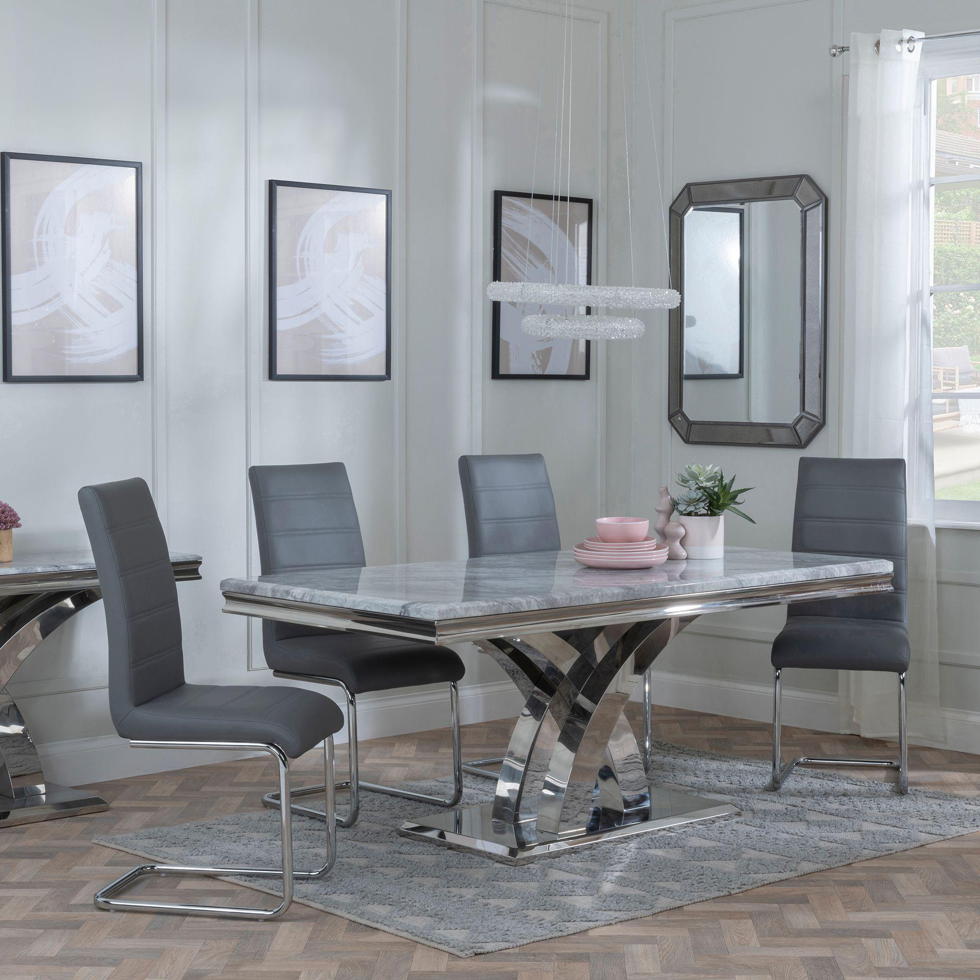 Lisbon Grey Marble and Chrome Dining Set - Roma Grey Faux Leather Dining Chair