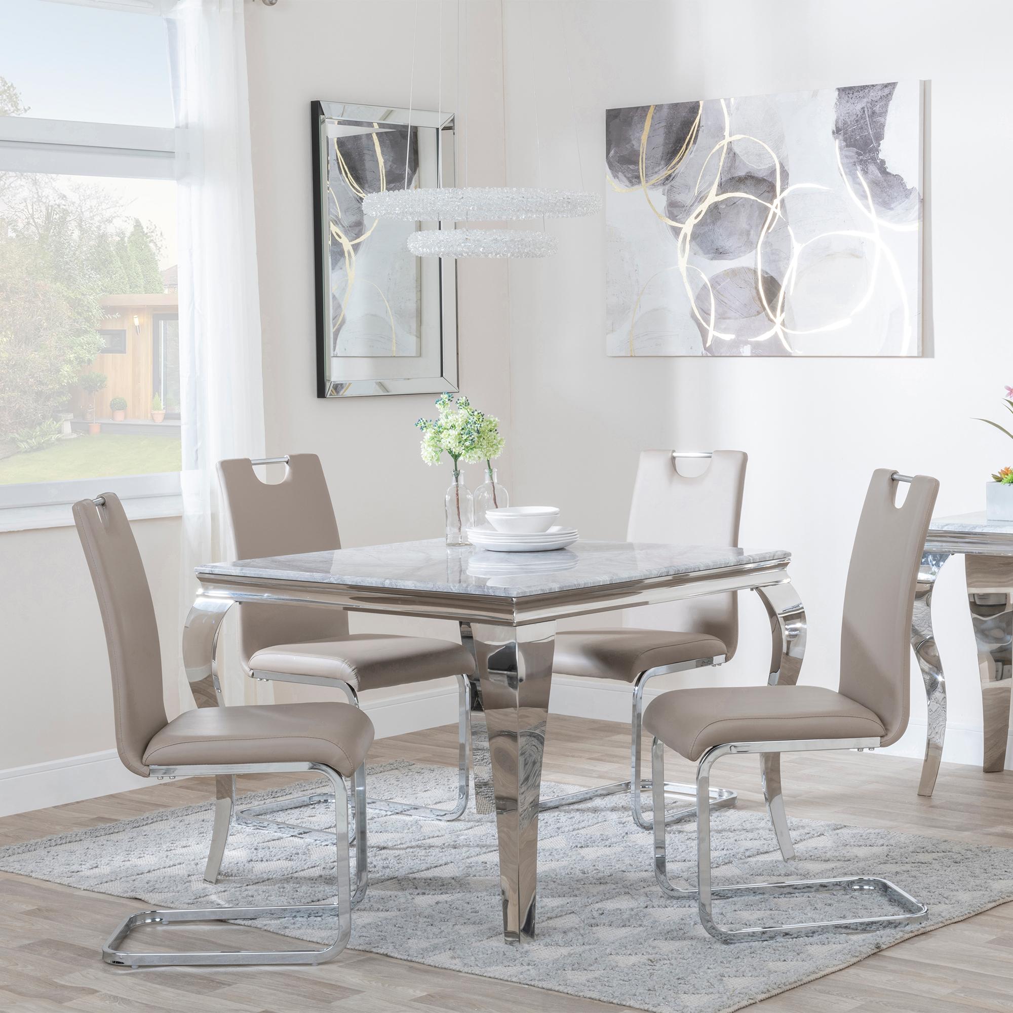Louis 4 Seater Grey Marble and Chrome Square Dining Set - 4 Bianco Beige Faux Leather Dining Chair