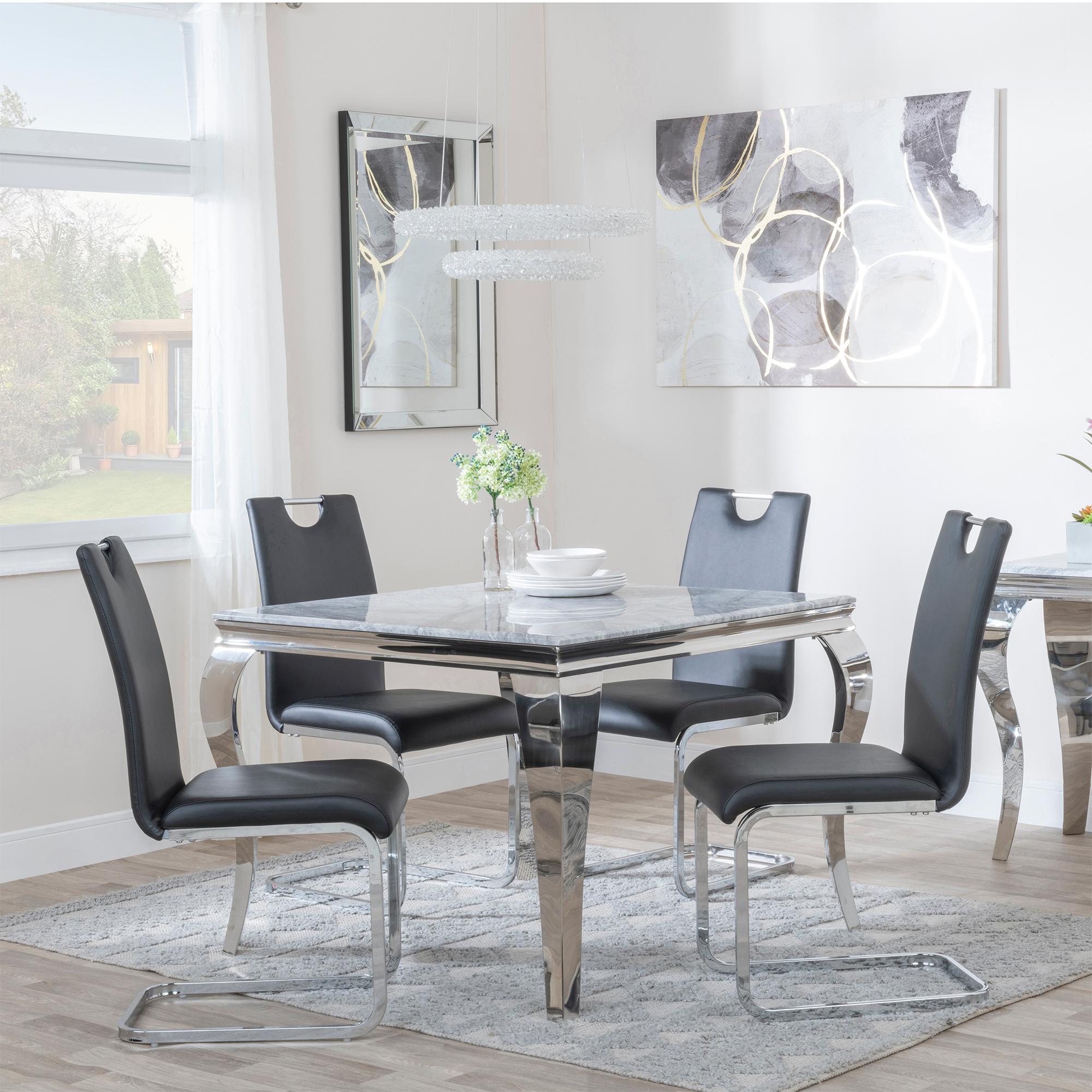 Louis 4 Seater Grey Marble and Chrome Square Dining Set - 4 Bianco Black Faux Leather Dining Chair