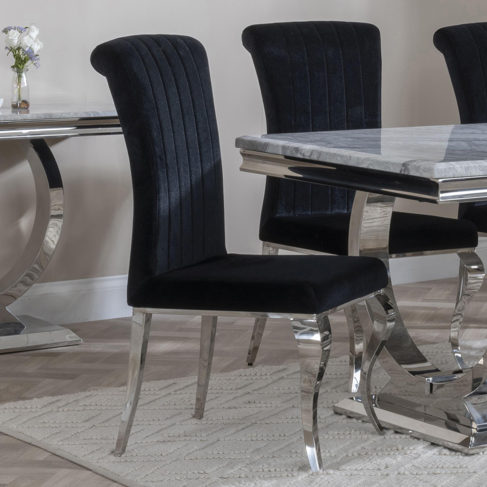 Louis Dining Set - 4 Seater - 100cm - Square - Grey Marble & Chrome - 4x Dining Chairs - Black Velvet Fabric