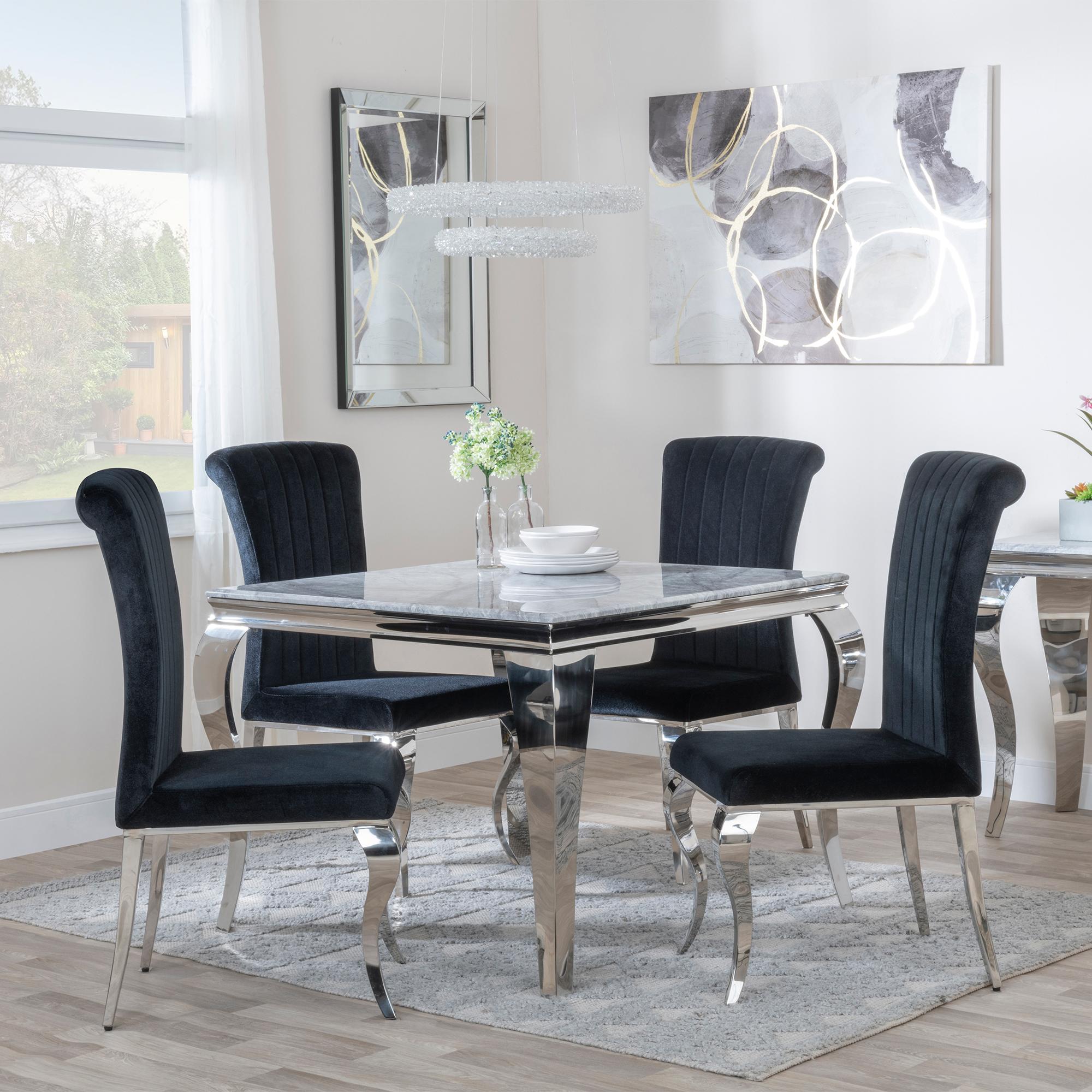 Louis 4 Seater Grey Marble and Chrome Square Dining Set - 4 Black Velvet Fabric Dining Chair