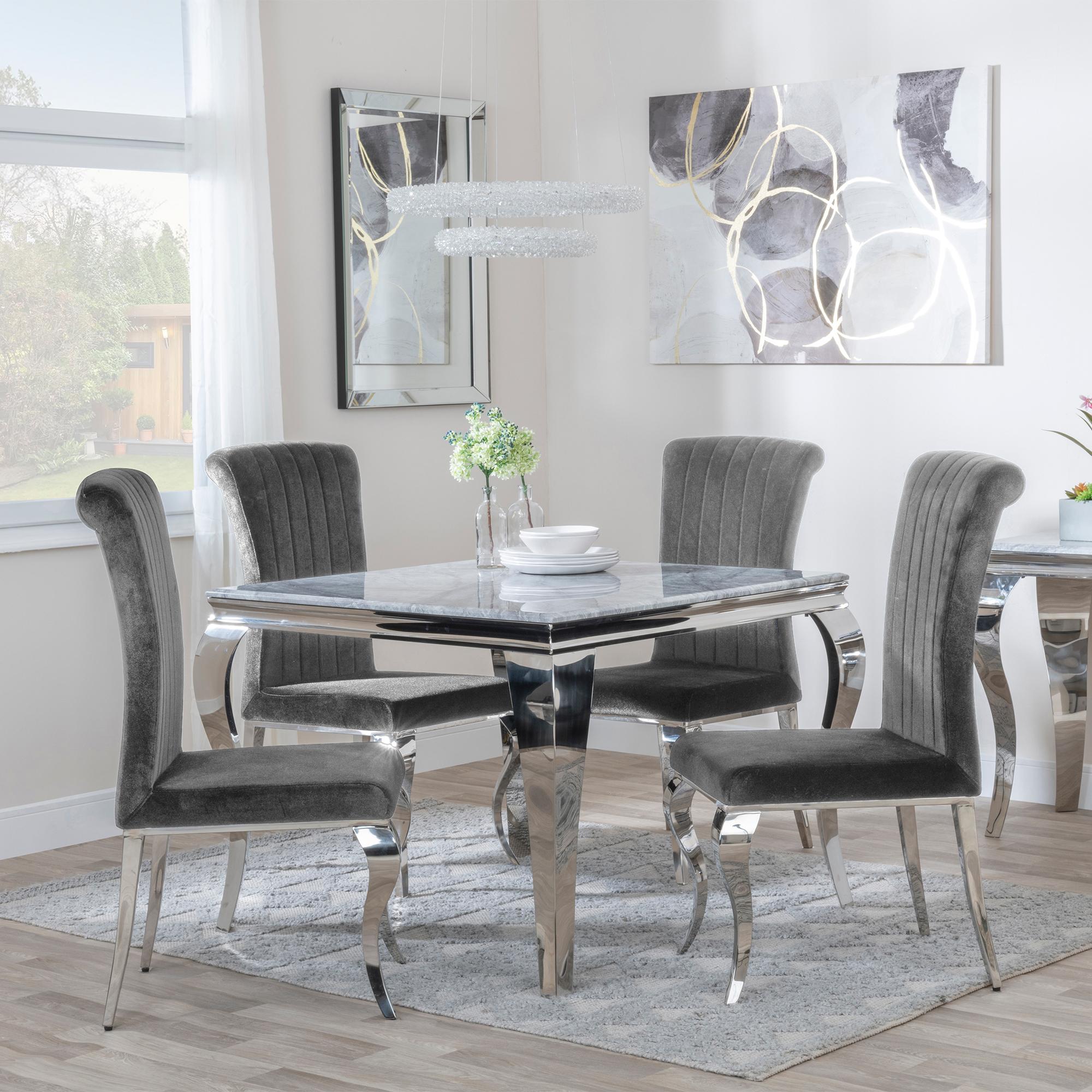 Louis 4 Seater Grey Marble and Chrome Square Dining Set - 4 Grey Velvet Fabric Dining Chair