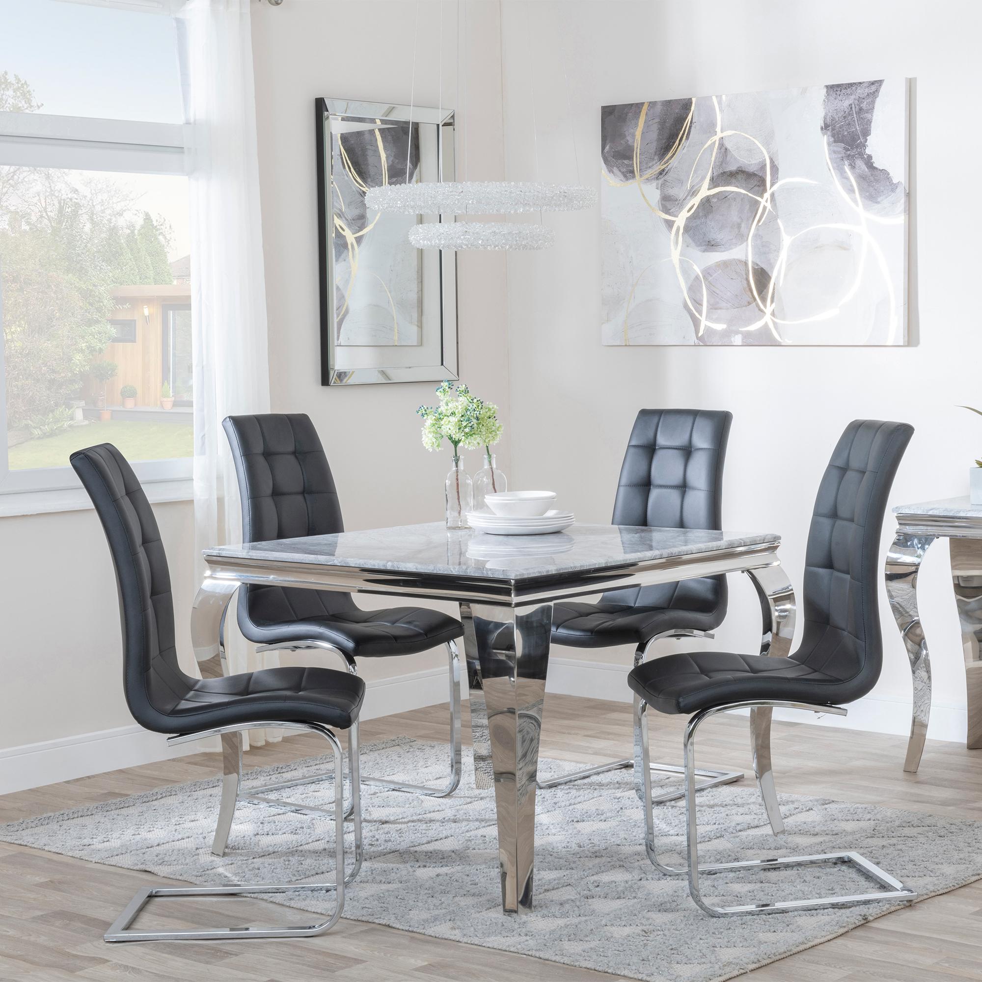 Louis 4 Seater Grey Marble and Chrome Square Dining Set - 4 Jamison Black Faux Leather Dining Chair