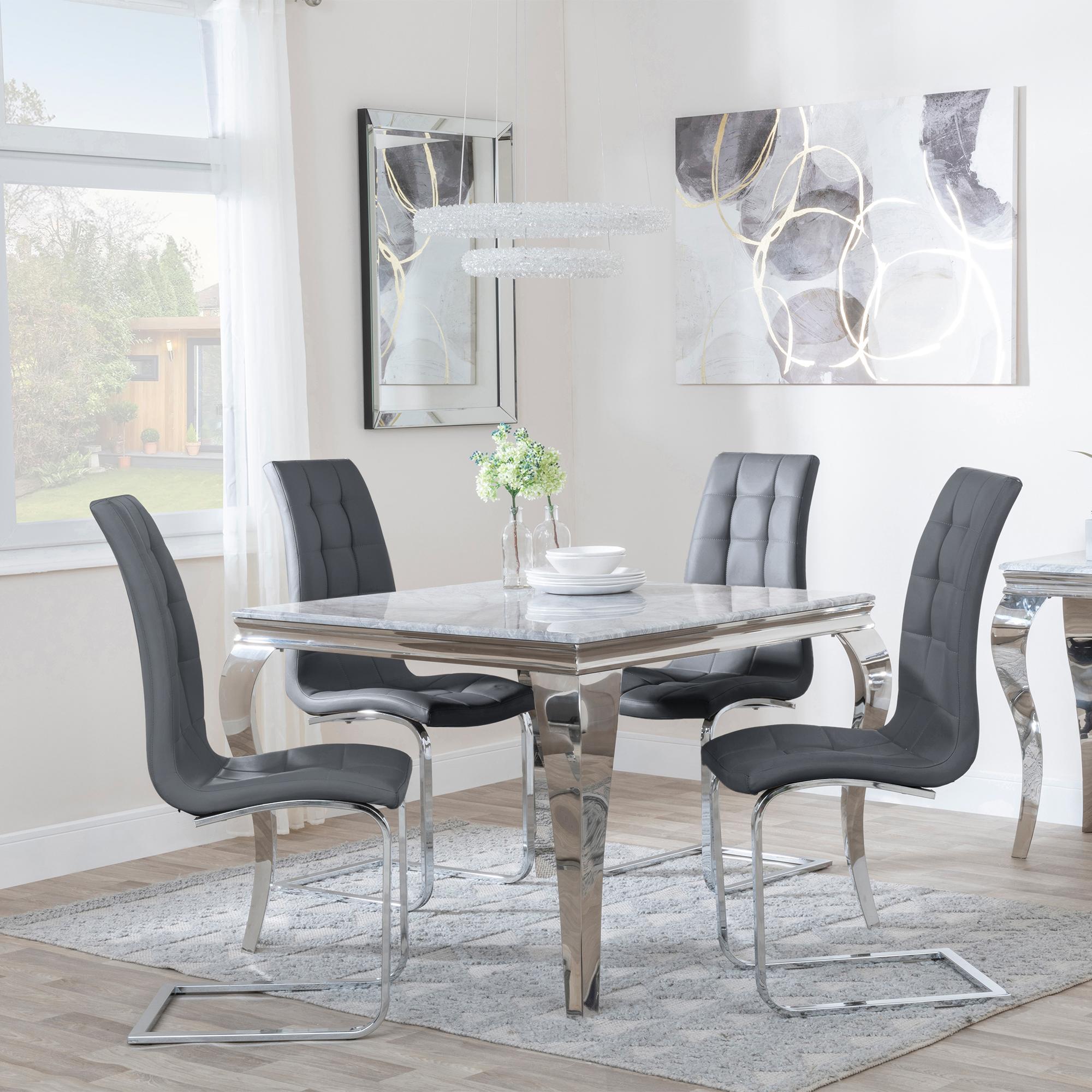 Louis 4 Seater Grey Marble and Chrome Square Dining Set - 4 Jamison Grey Faux Leather Dining Chair