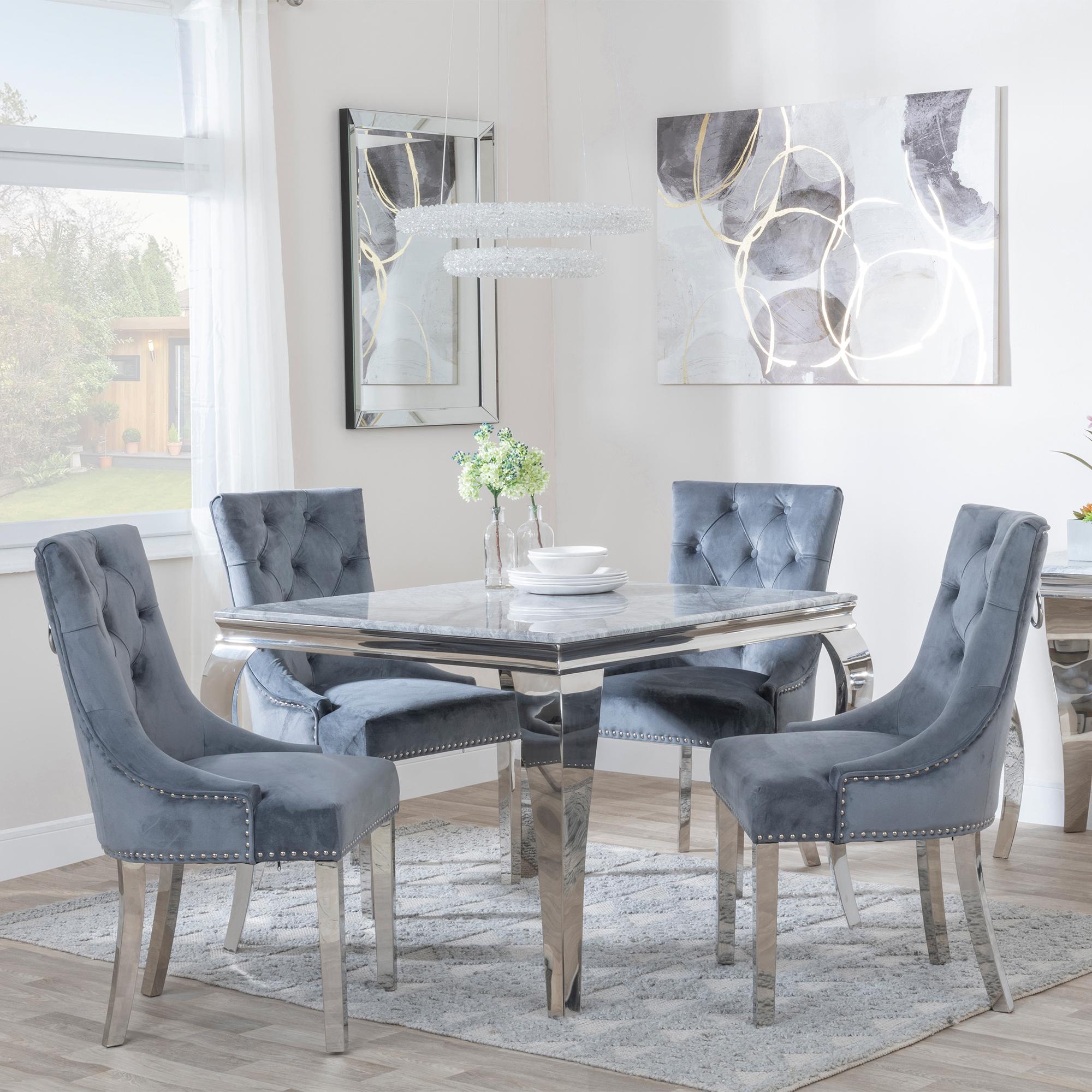 Louis 4 Seater Grey Marble and Chrome Square Dining Set - 4 Knocker Back Grey Velvet Fabric Dining Chair with Chrome Legs