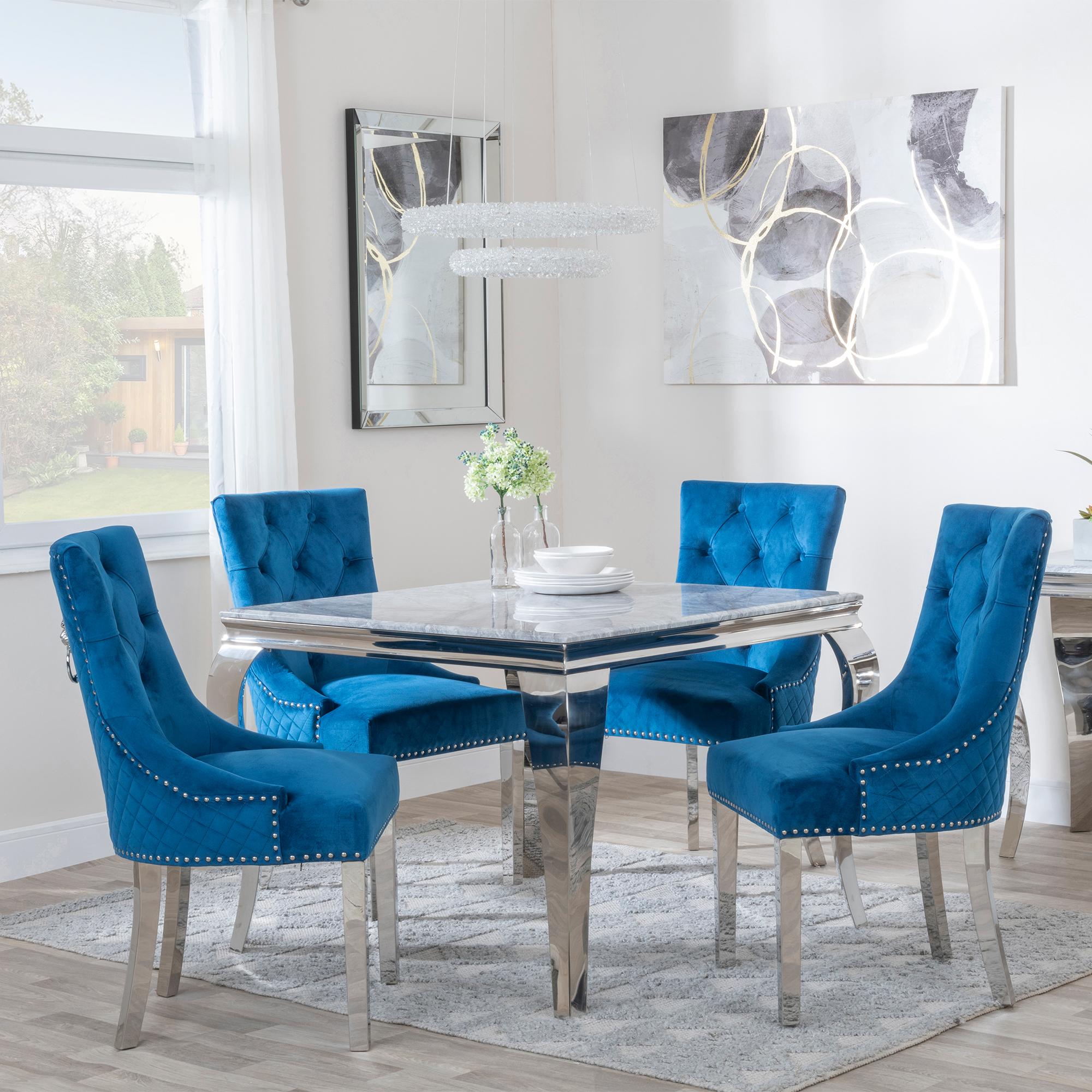 Louis 4 Seater Grey Marble and Chrome Square Dining Set - 4 Lion Knocker Back Blue Velvet Fabric Dining Chair with Chrome Legs