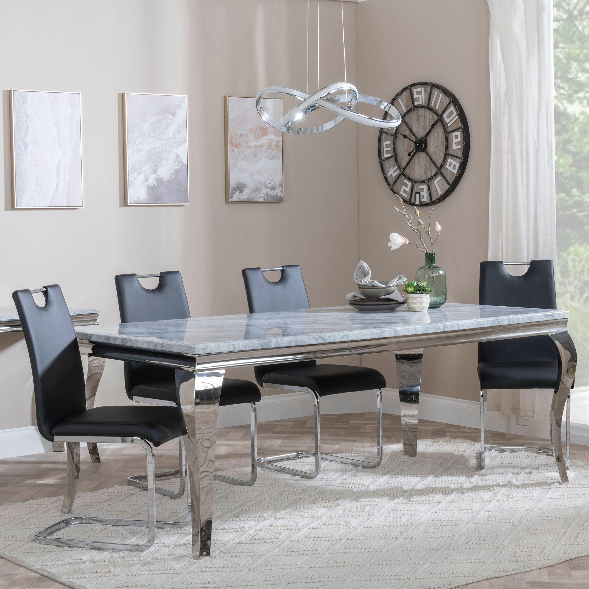 Louis Grey Marble and Chrome Dining Set - Bianco Black Faux Leather Dining Chair
