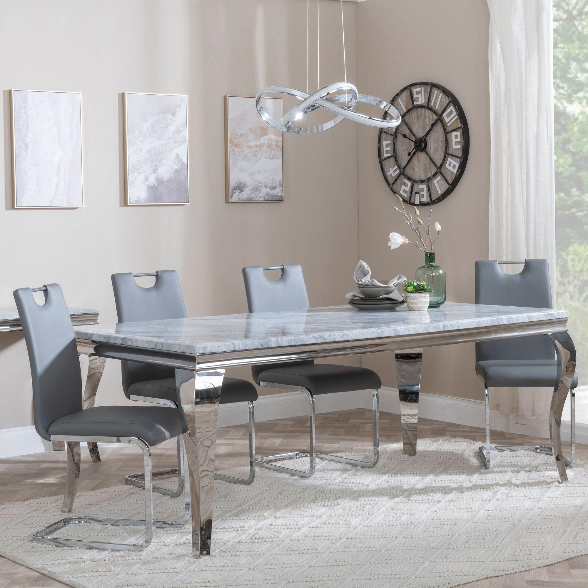 Louis Grey Marble and Chrome Dining Set - Bianco Grey Faux Leather Dining Chair