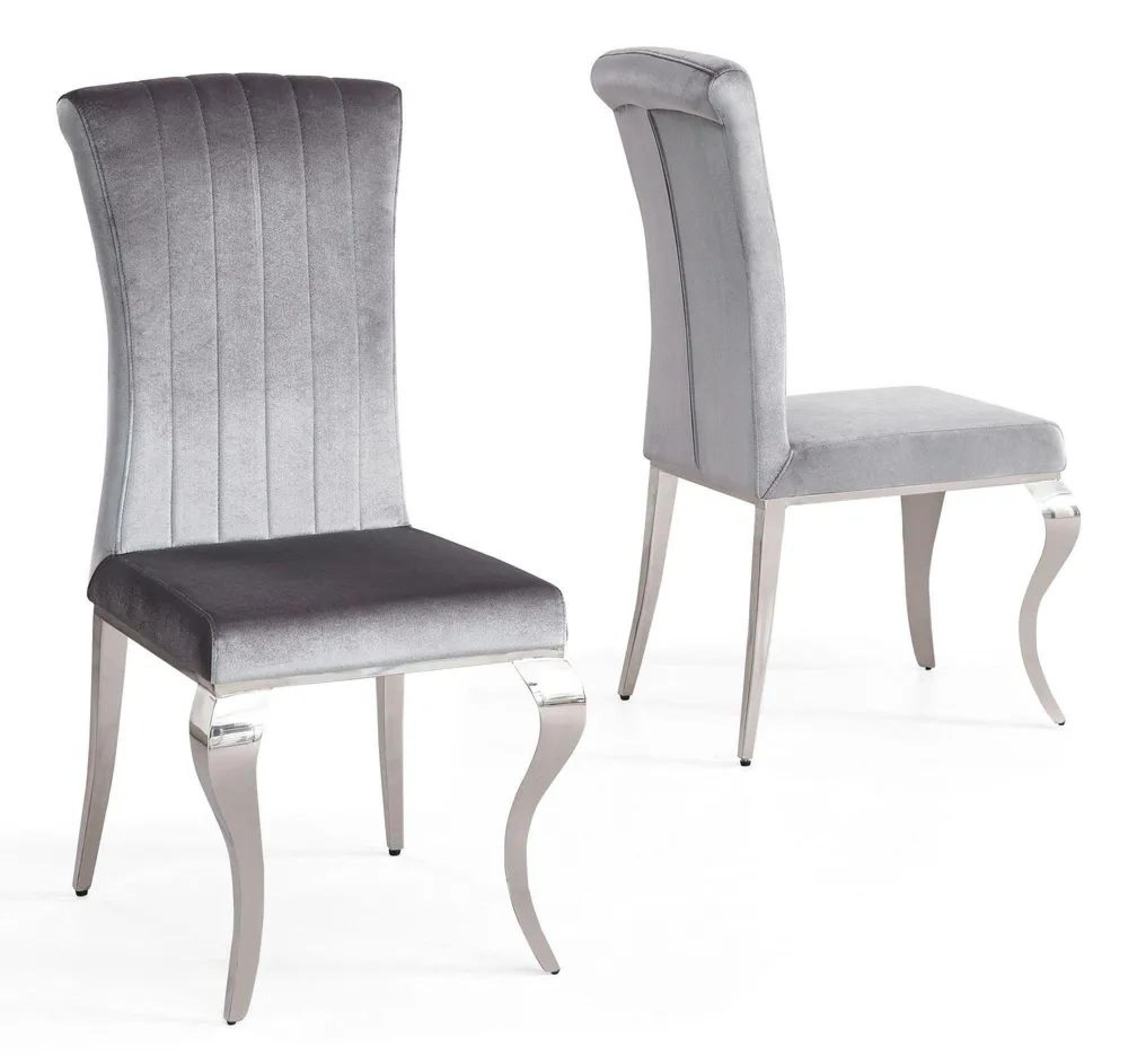 Louis Dining Set - 4 Seater - 140cm - Grey Marble & Chrome - Dining Chairs - Grey Velvet Fabric