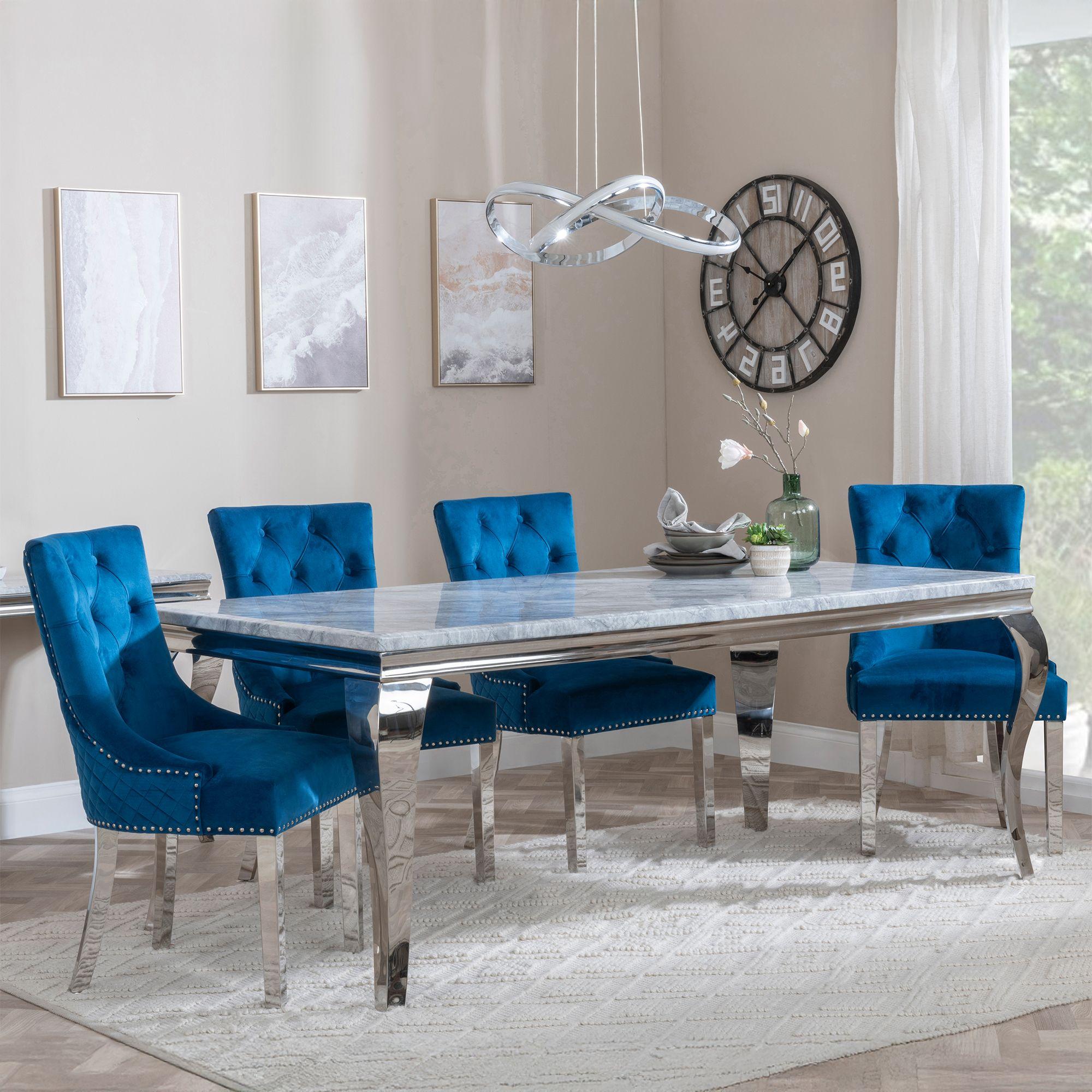 Louis Grey Marble and Chrome Dining Set - Lion Knocker Back Blue Velvet Fabric Dining Chair with Chrome Legs