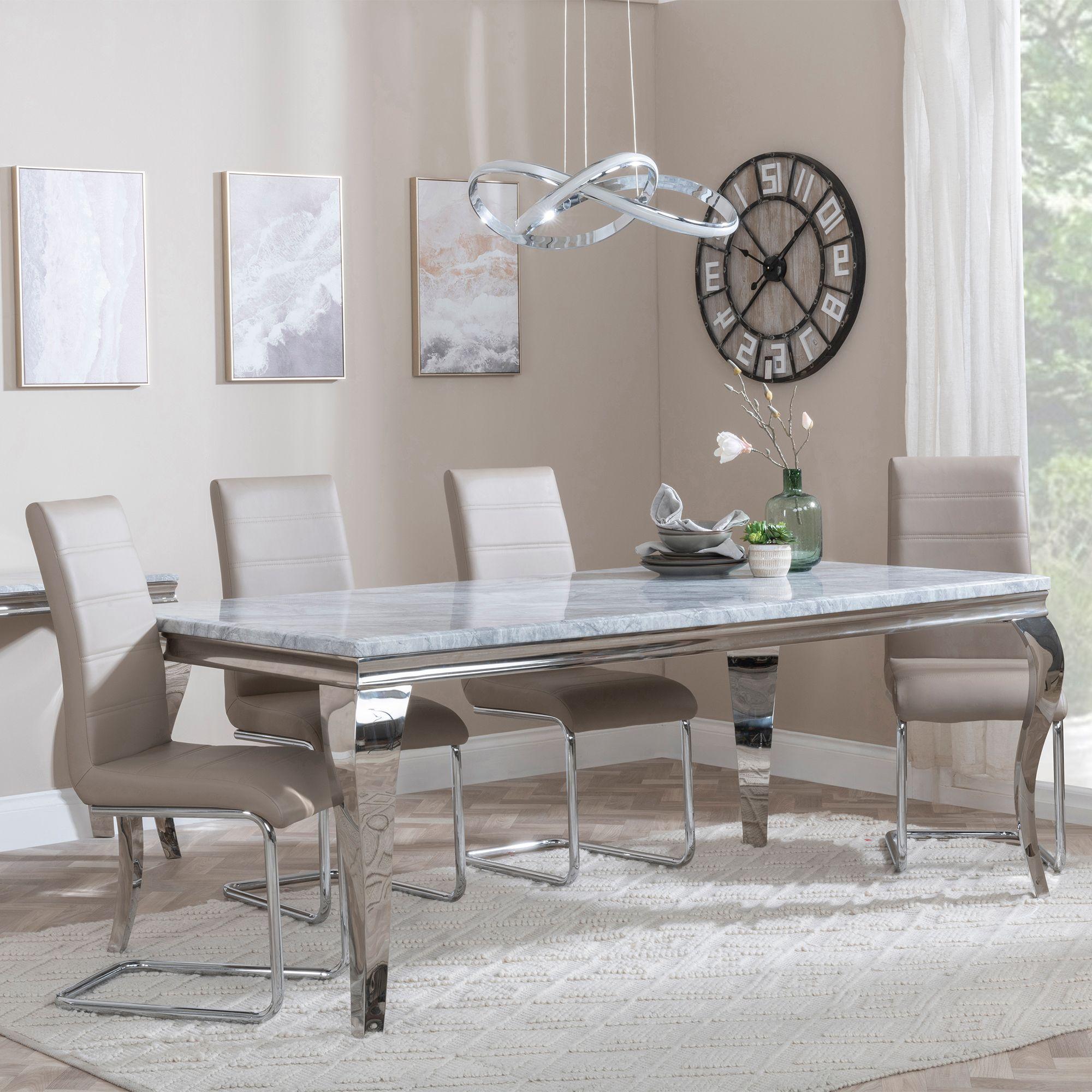 Louis Grey Marble and Chrome Dining Set - Roma Beige Faux Leather Dining Chair