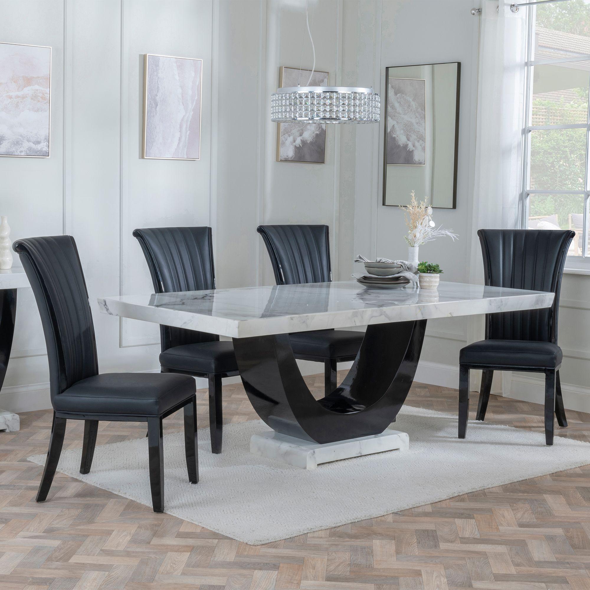Madrid White Marble Dining Set - Cadiz Black Leather Dining Chair
