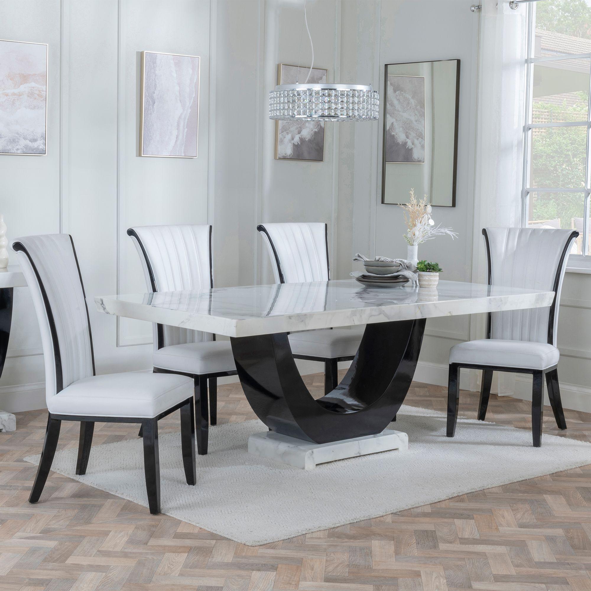 Madrid White Marble Dining Set - Cadiz White Leather Dining Chair