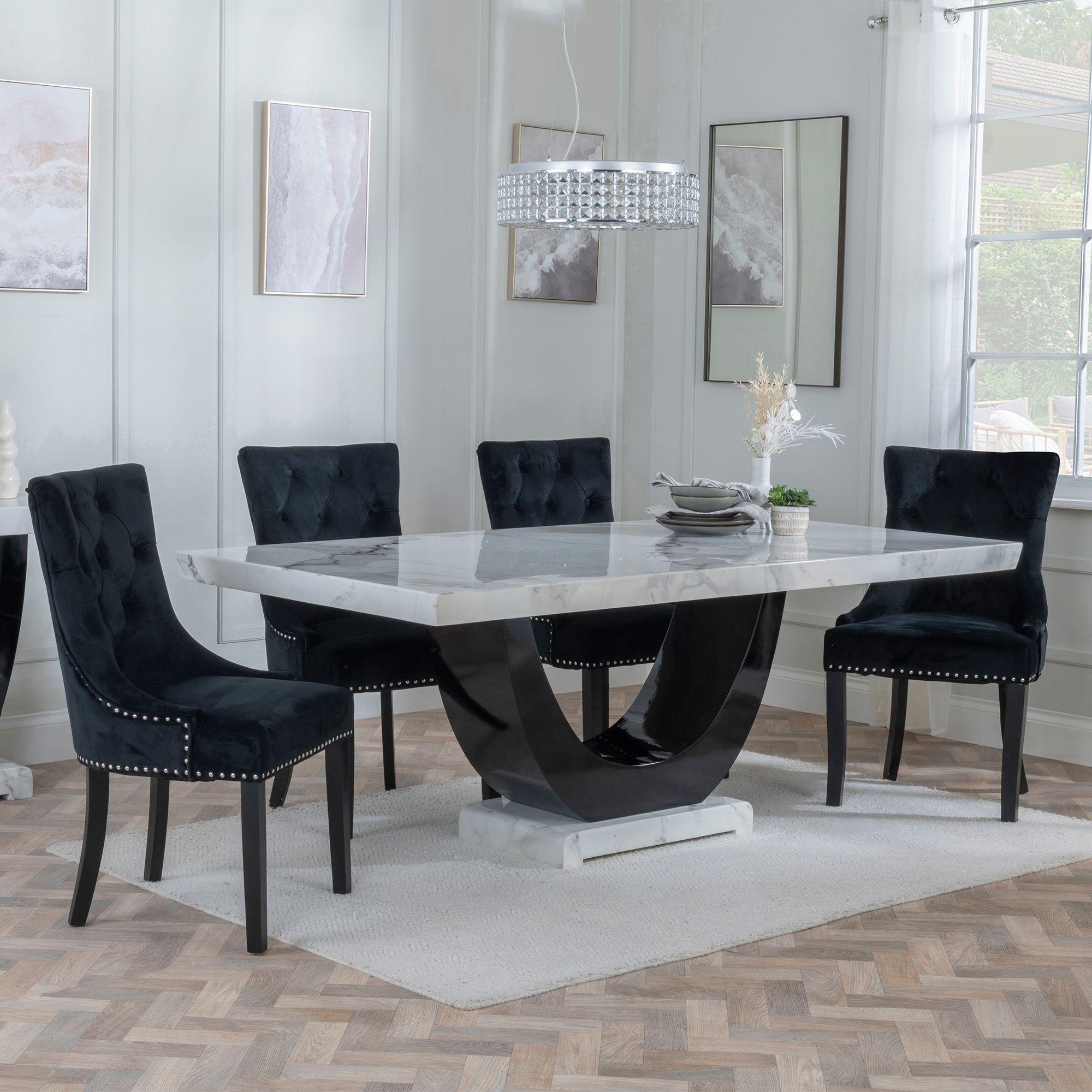 Madrid White Marble Dining Set - Knocker Back Black Velvet Fabric Dining Chair with Black Wooden Legs