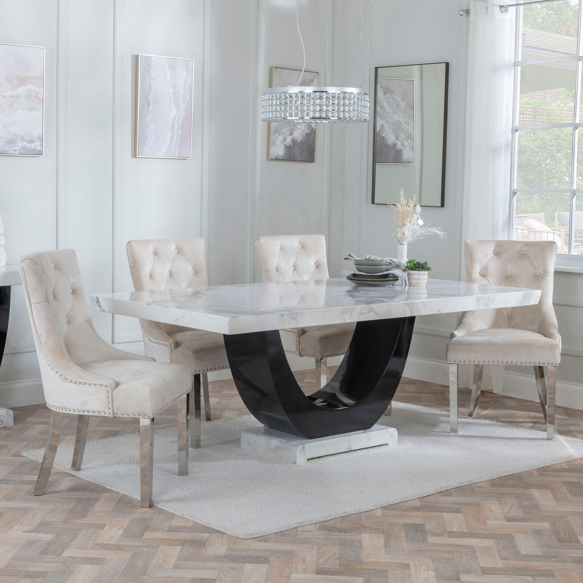Madrid White Marble Dining Set - Knocker Back Champagne Velvet Fabric Dining Chair with Chrome Legs
