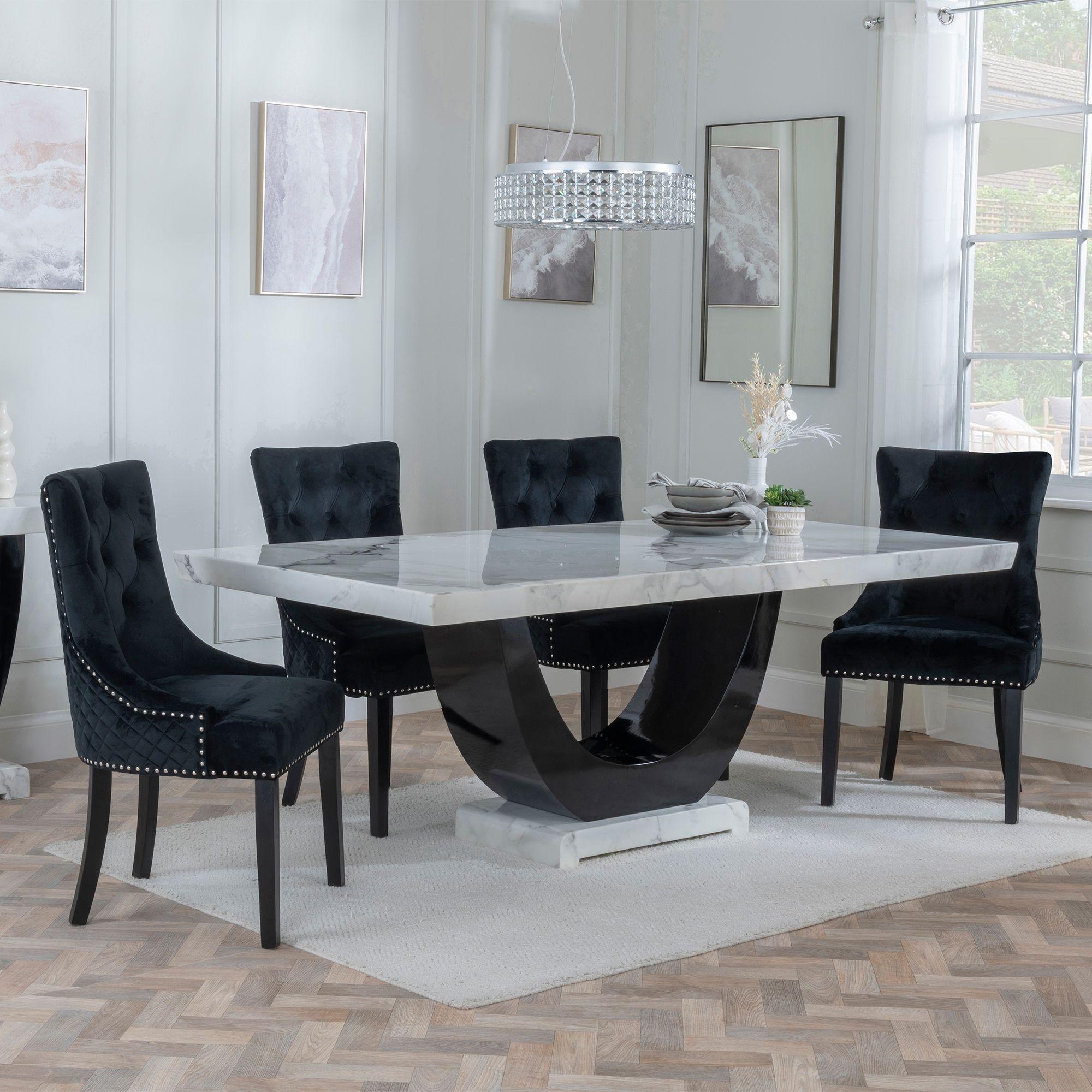 Madrid White Marble Dining Set - Lion Knocker Back Black Velvet Fabric Dining Chair with Black Wooden Legs