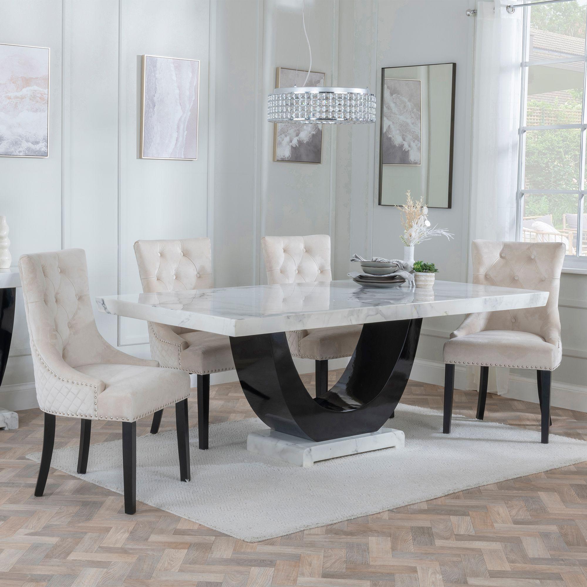Madrid White Marble Dining Set - Lion Knocker Back Champagne Velvet Fabric Dining Chair with Black Wooden Legs